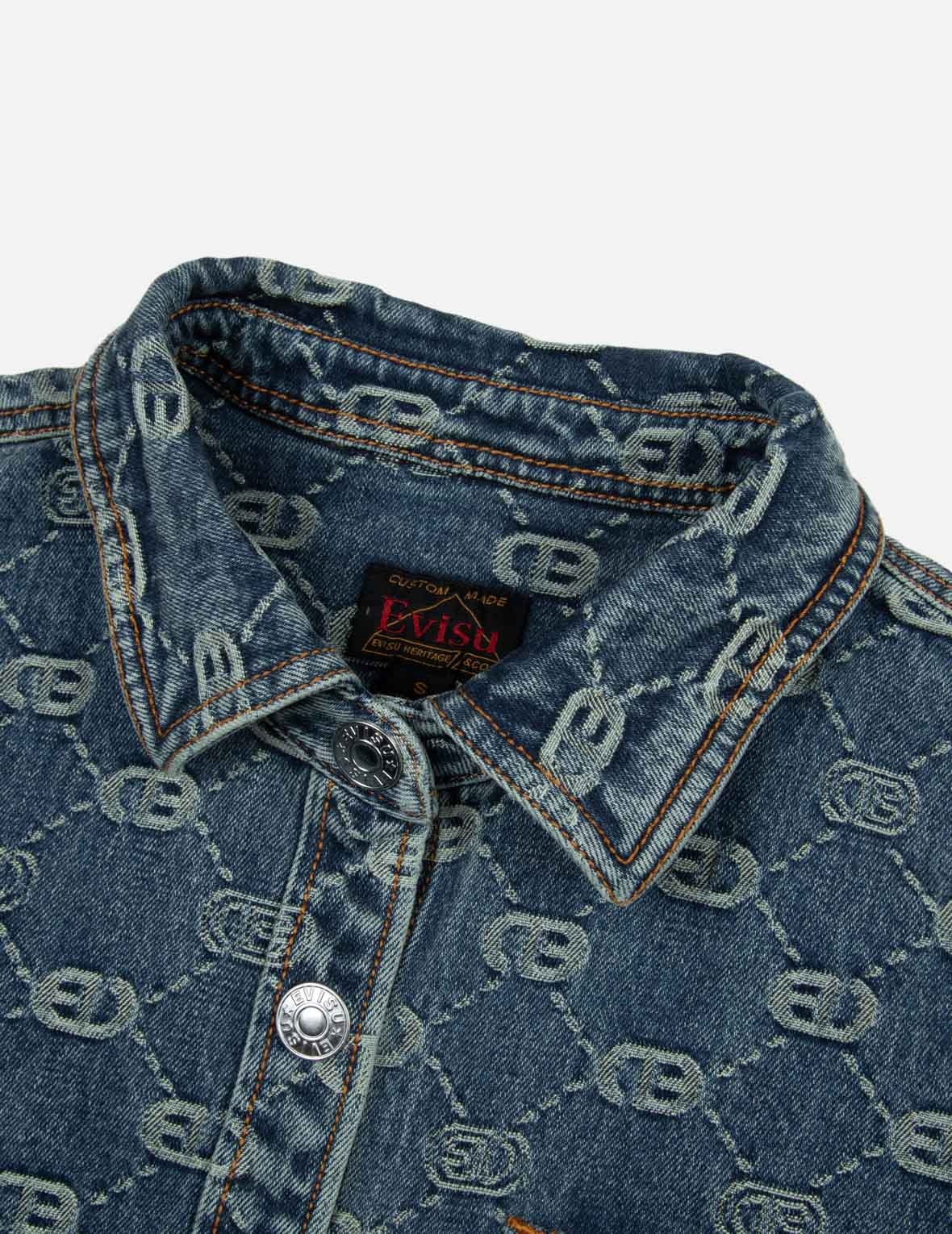 Allover Logo Jacquard and Seagull Embroidery Boyfriend Fit Denim Shirt Jacket - 7
