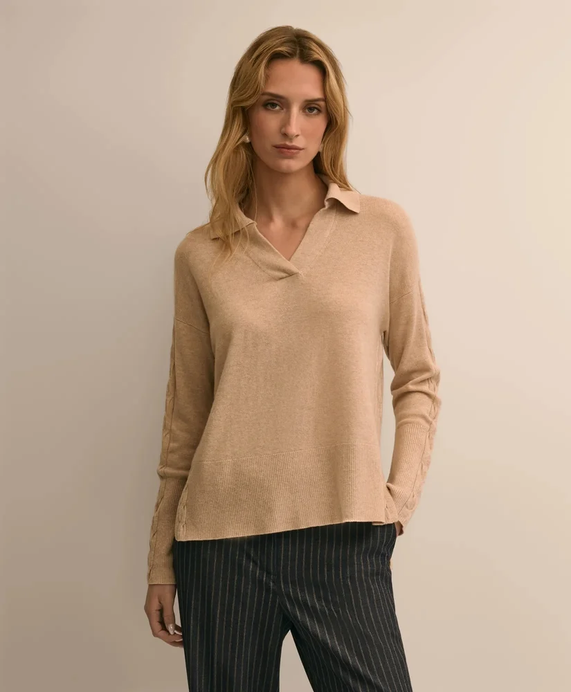 Wool Cashmere Cable Johnny Collar Sweater - 1