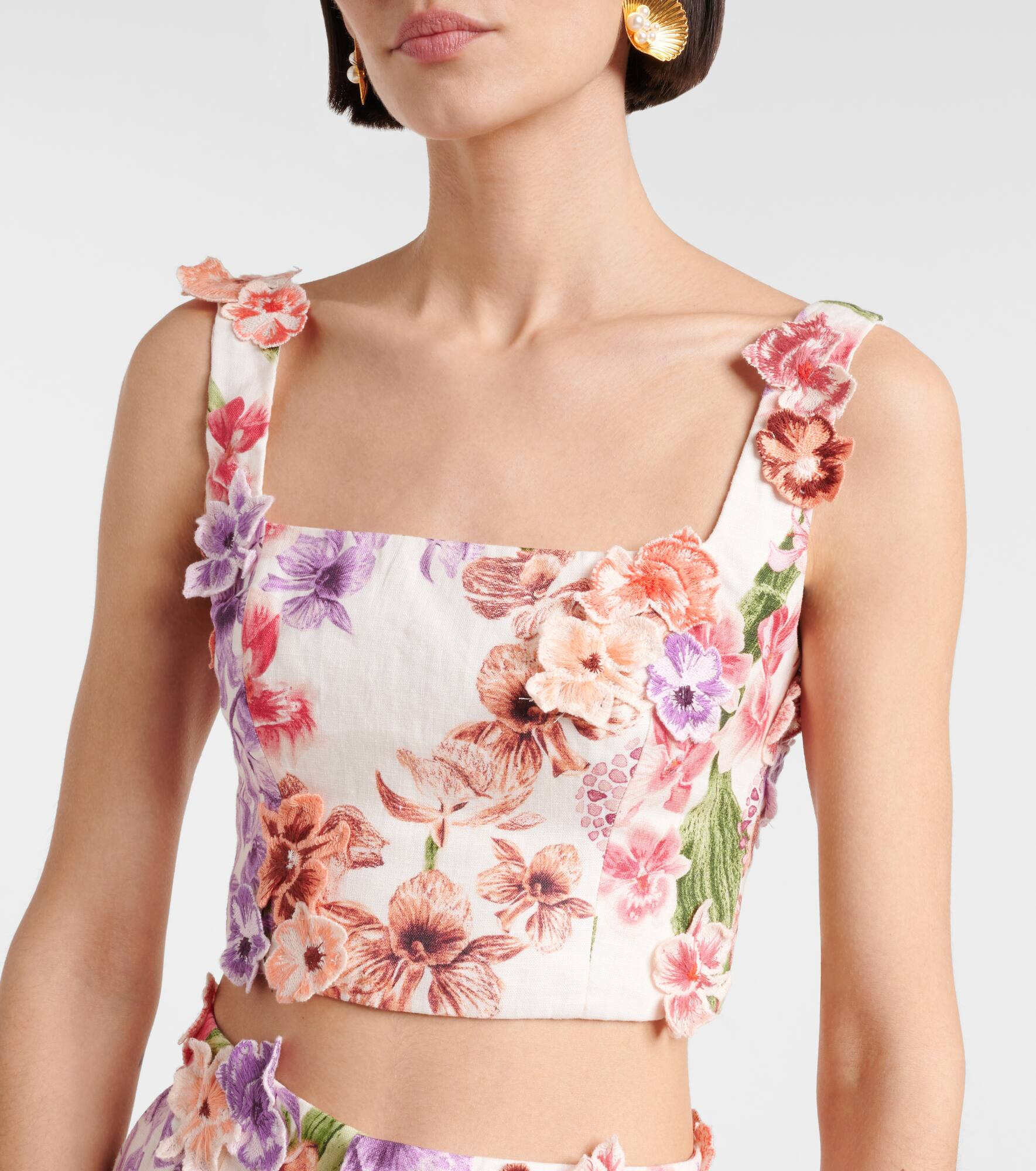 Amanda floral-appliqué linen crop top - 4