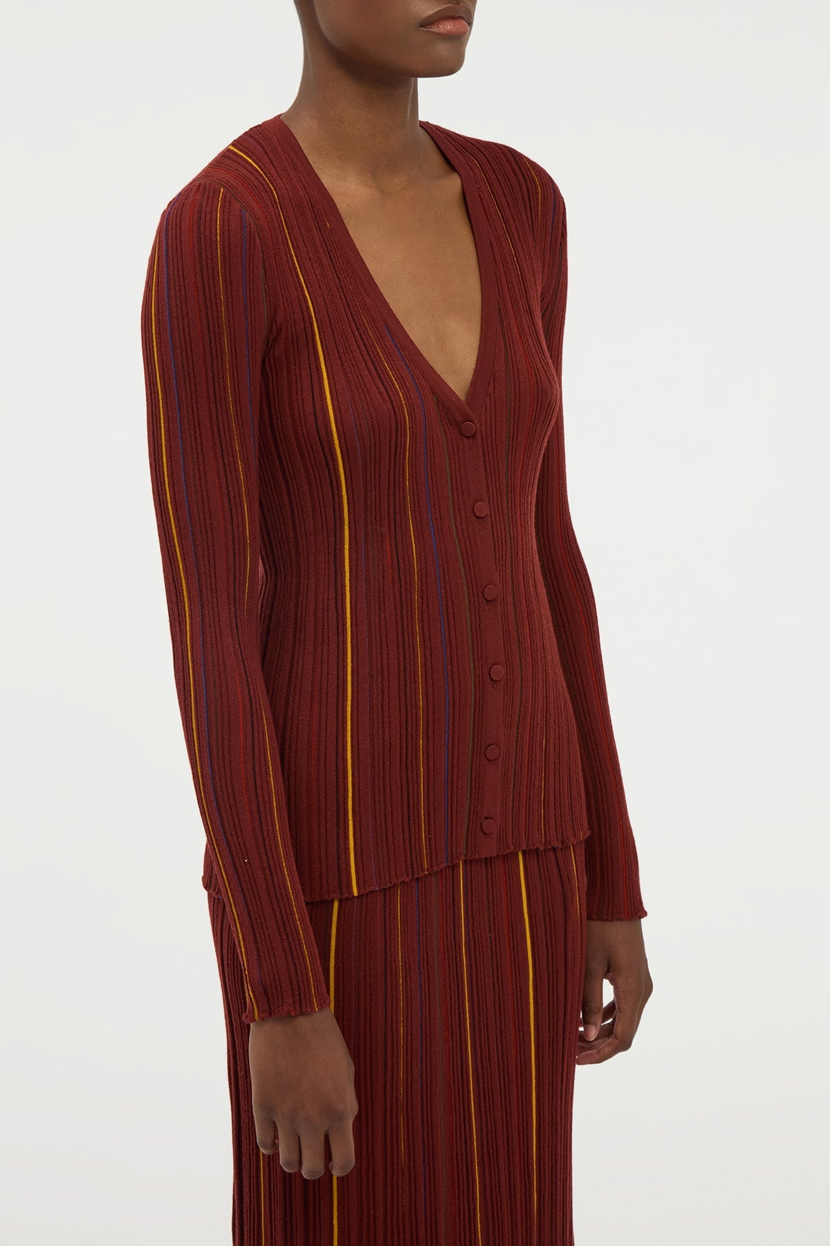 Barth Pinstripe Knit Cardigan in Burnt Sienna Merino Wool - 5