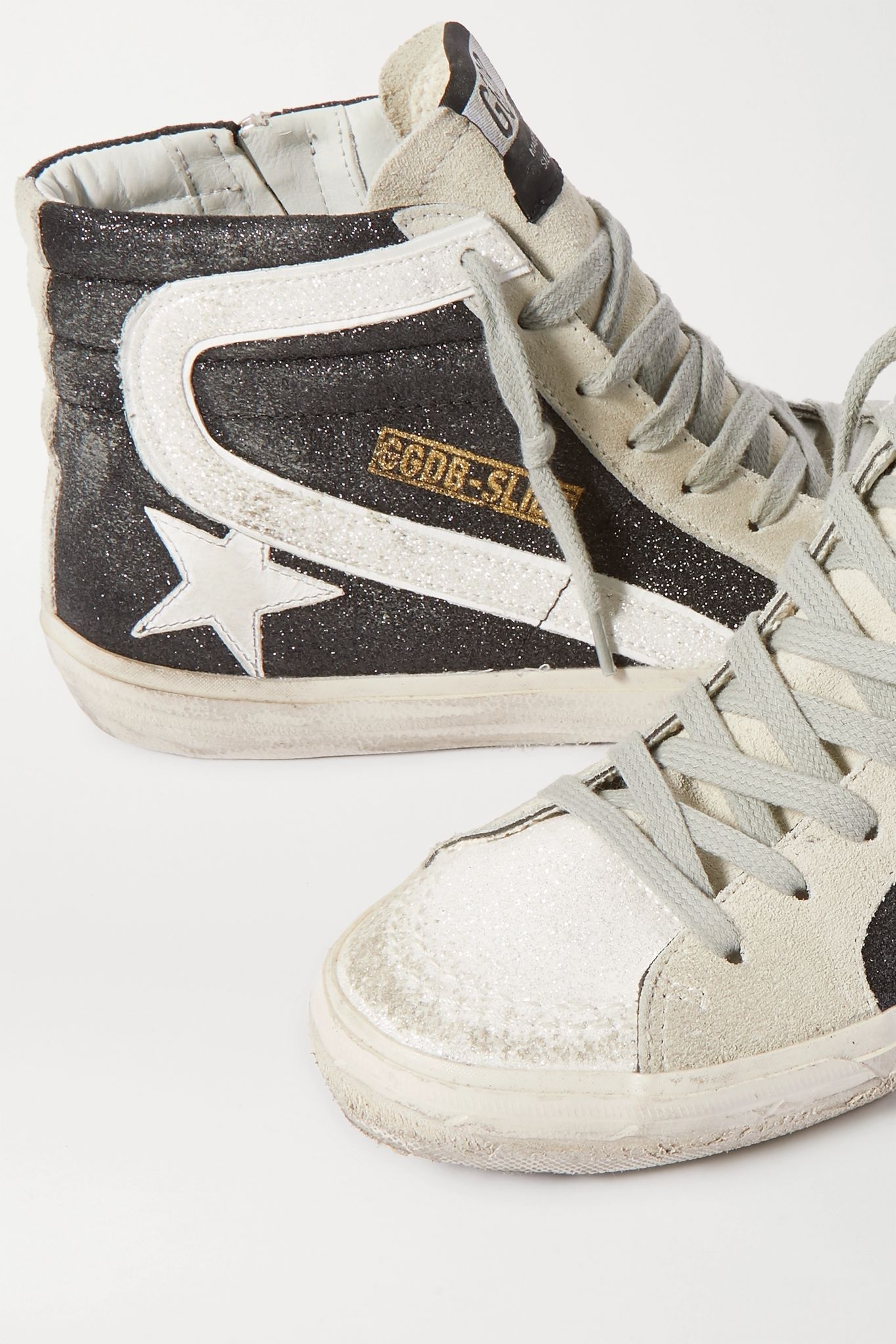 Slide glittered distressed suede high-top sneakers - 5