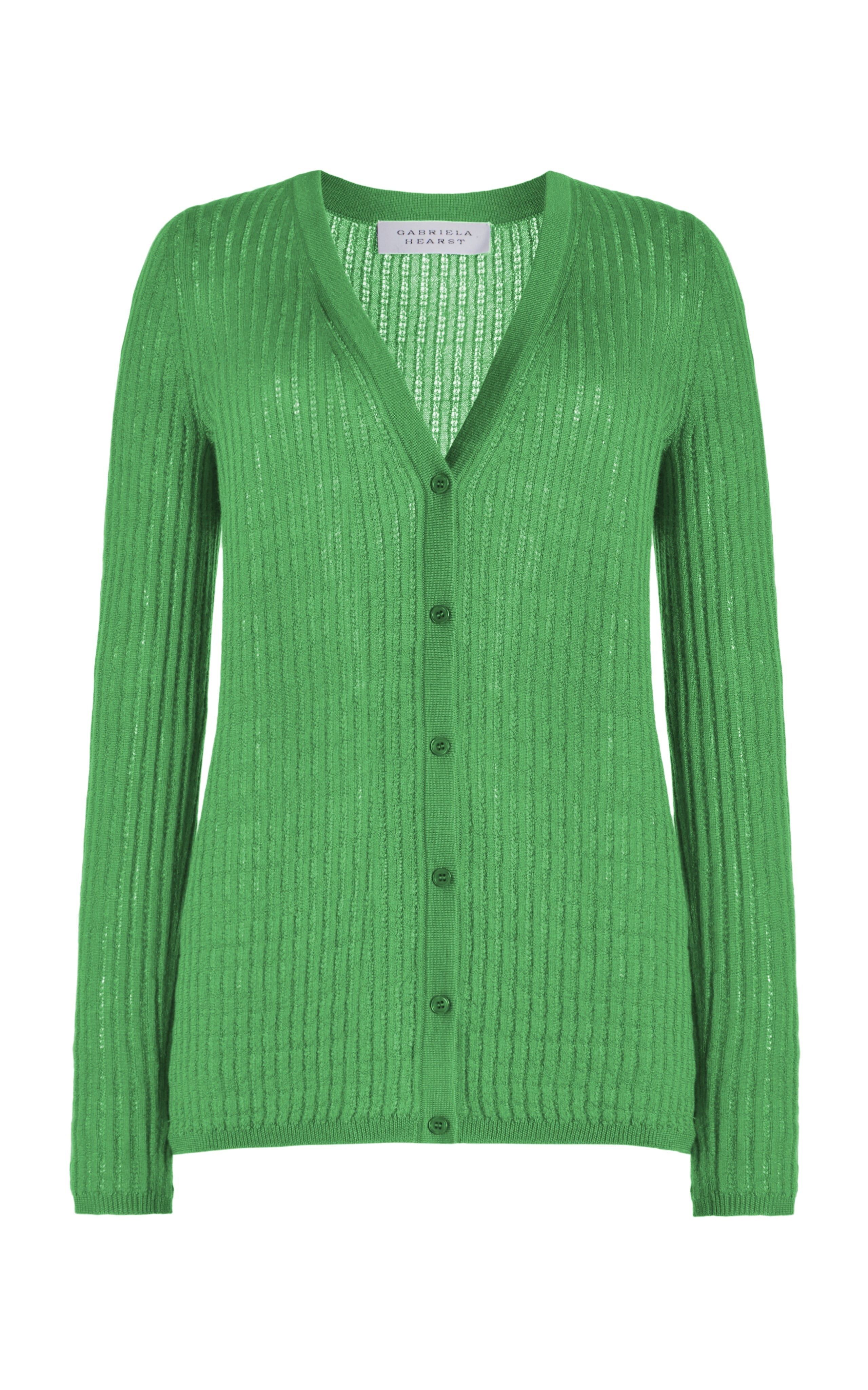 Emma Pointelle Cardigan in Peridot Green Silk Cashmere - 1