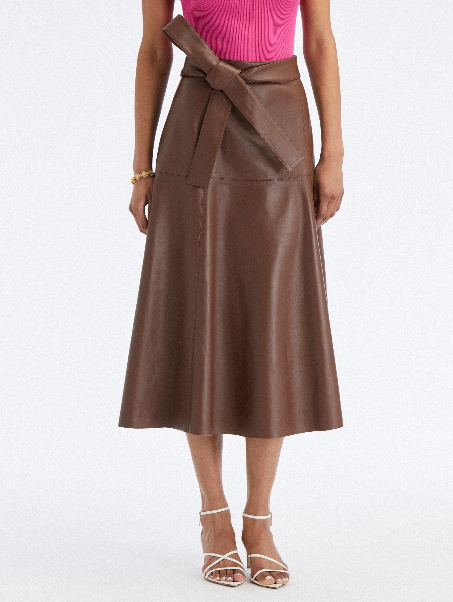 TIE DETAIL LEATHER MIDI SKIRT - 3