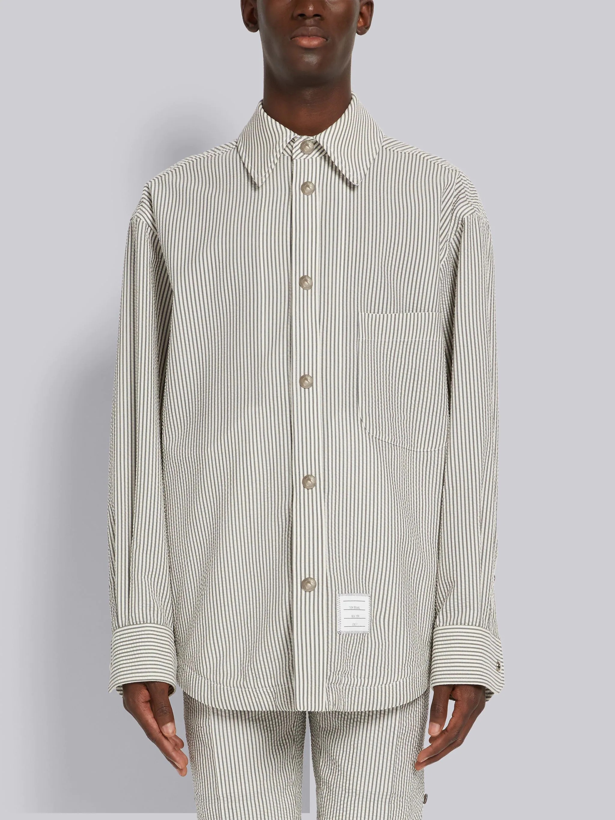 Medium Grey Wool Seersucker Stripe Grosgrain Placket Oversized Shirt Jacket - 1