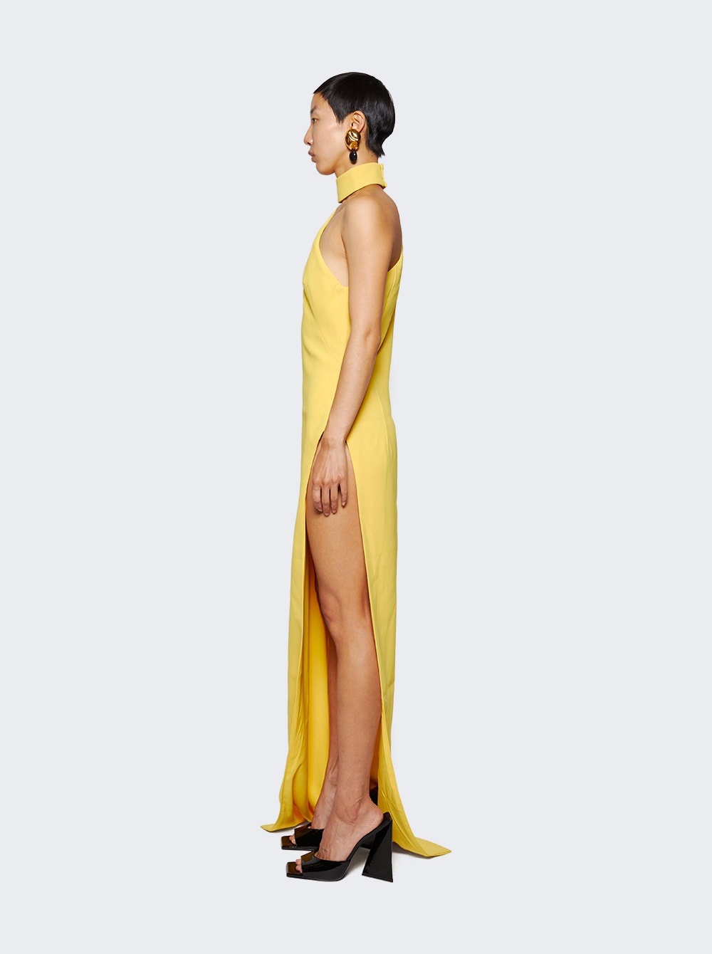 Asymmetrical High Neck Shoulder Dress Yellow - 4