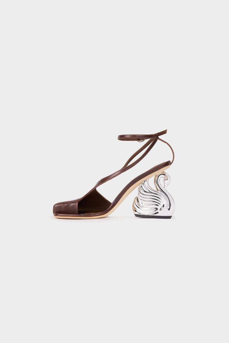 CHRISTINE SHOES WITH SWAN HEEL BROWN SILVER GOLD 3