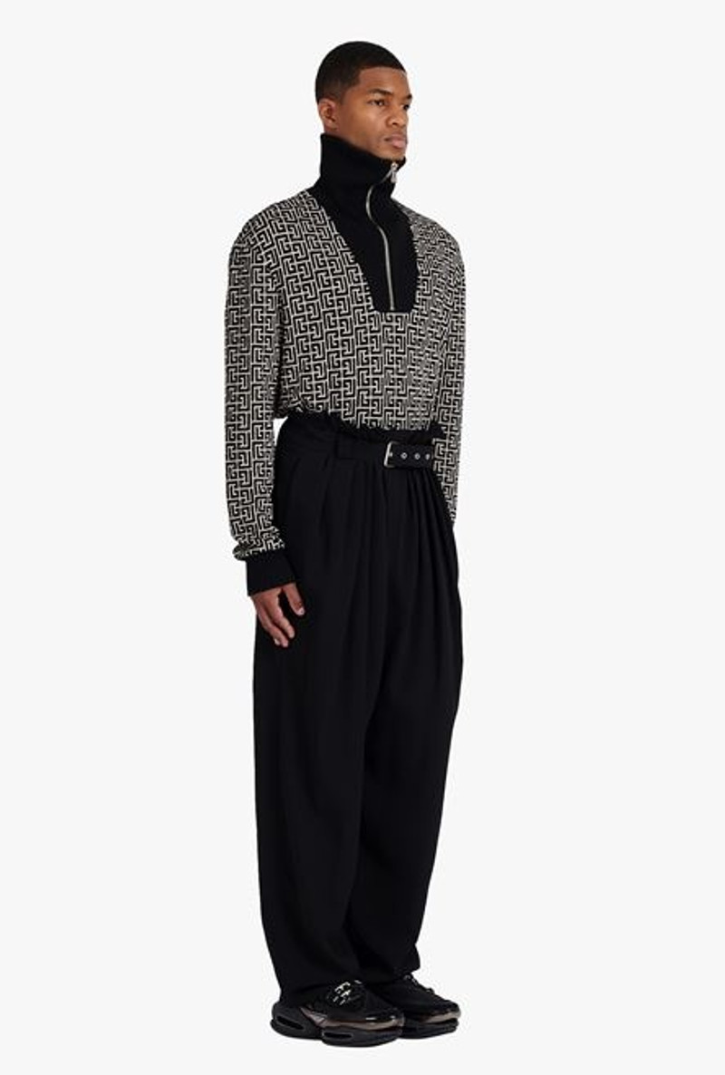 High-waisted black pleated crepe harem cut pants 7