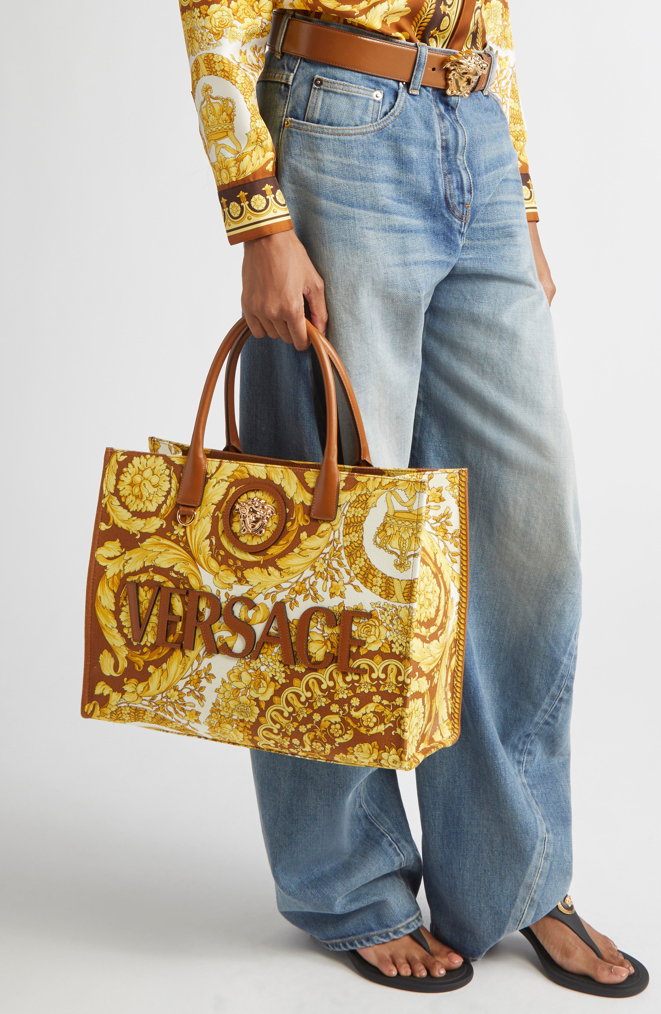 Versace La Medusa Logo Floral Canvas Tote in Brown Spice Brown Gold at Nordstrom - 3