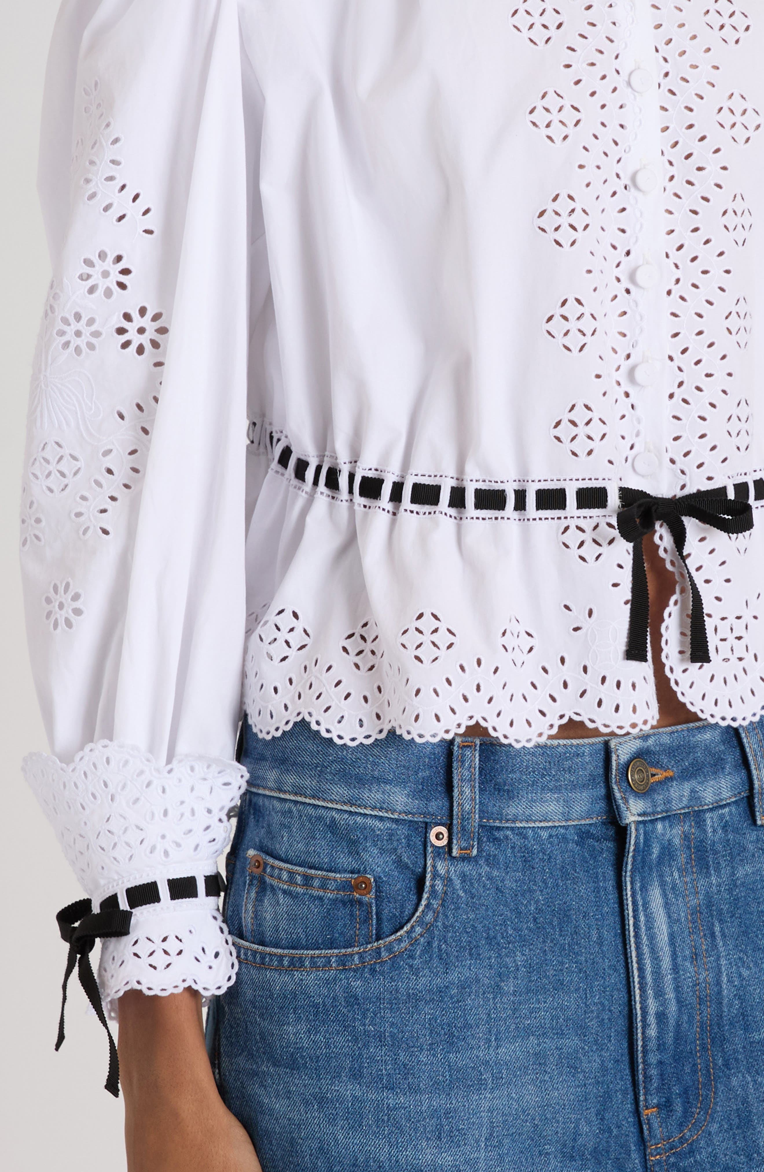 Valentino Garavani Eyelet Embroidered Button-Up Shirt in White/Black at Nordstrom - 5