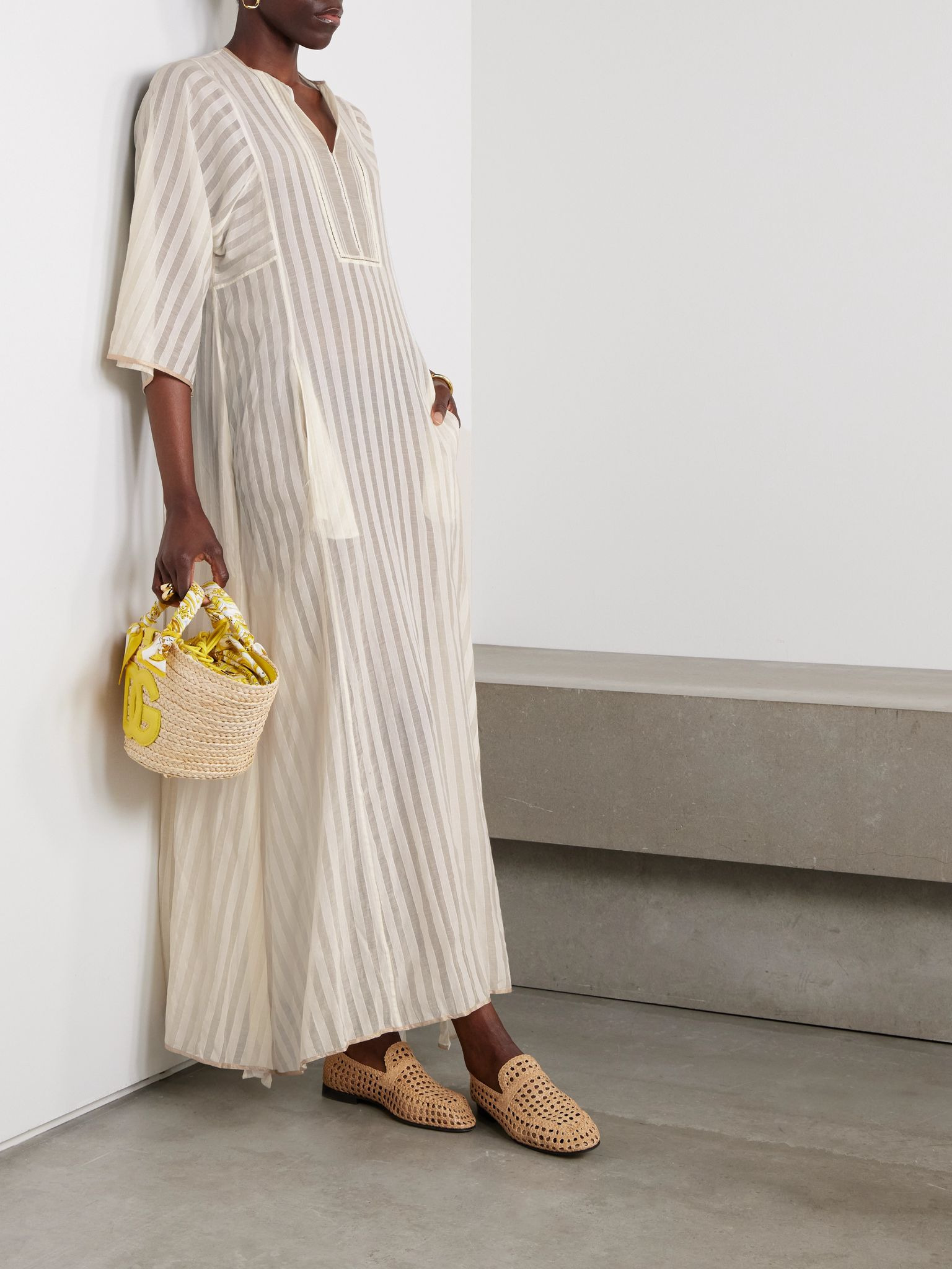 Rachel satin-trimmed striped cotton and silk-blend maxi dress Ecru - 2