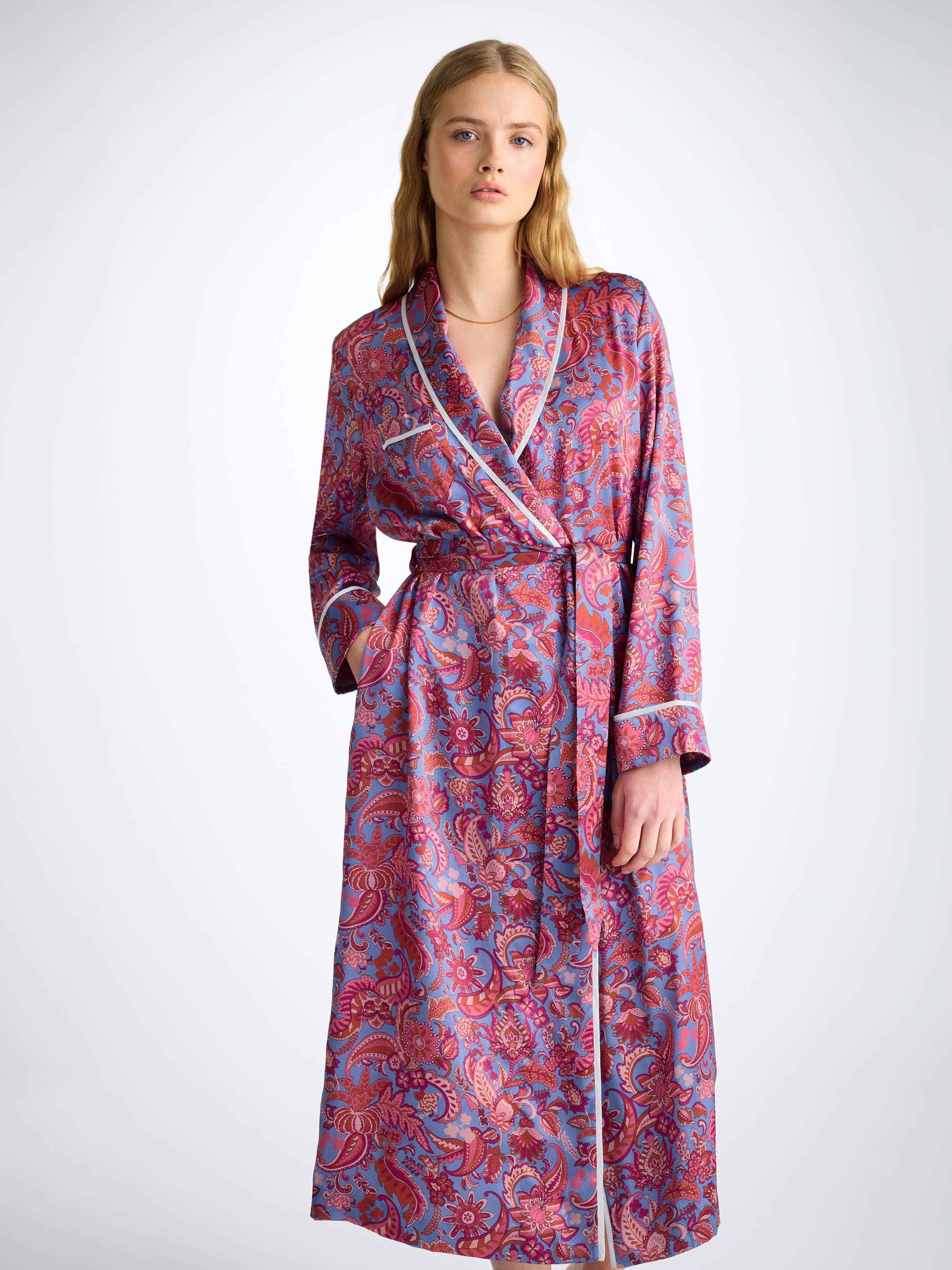 Women's Long Robe Silk Satin Amethyst Jungle Paisley Pattern - 4