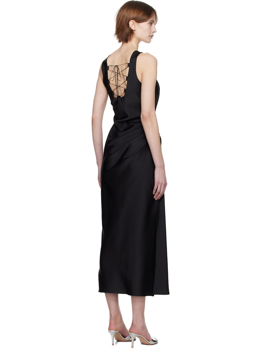 Black Satin Back Tied Maxi Dress - 3