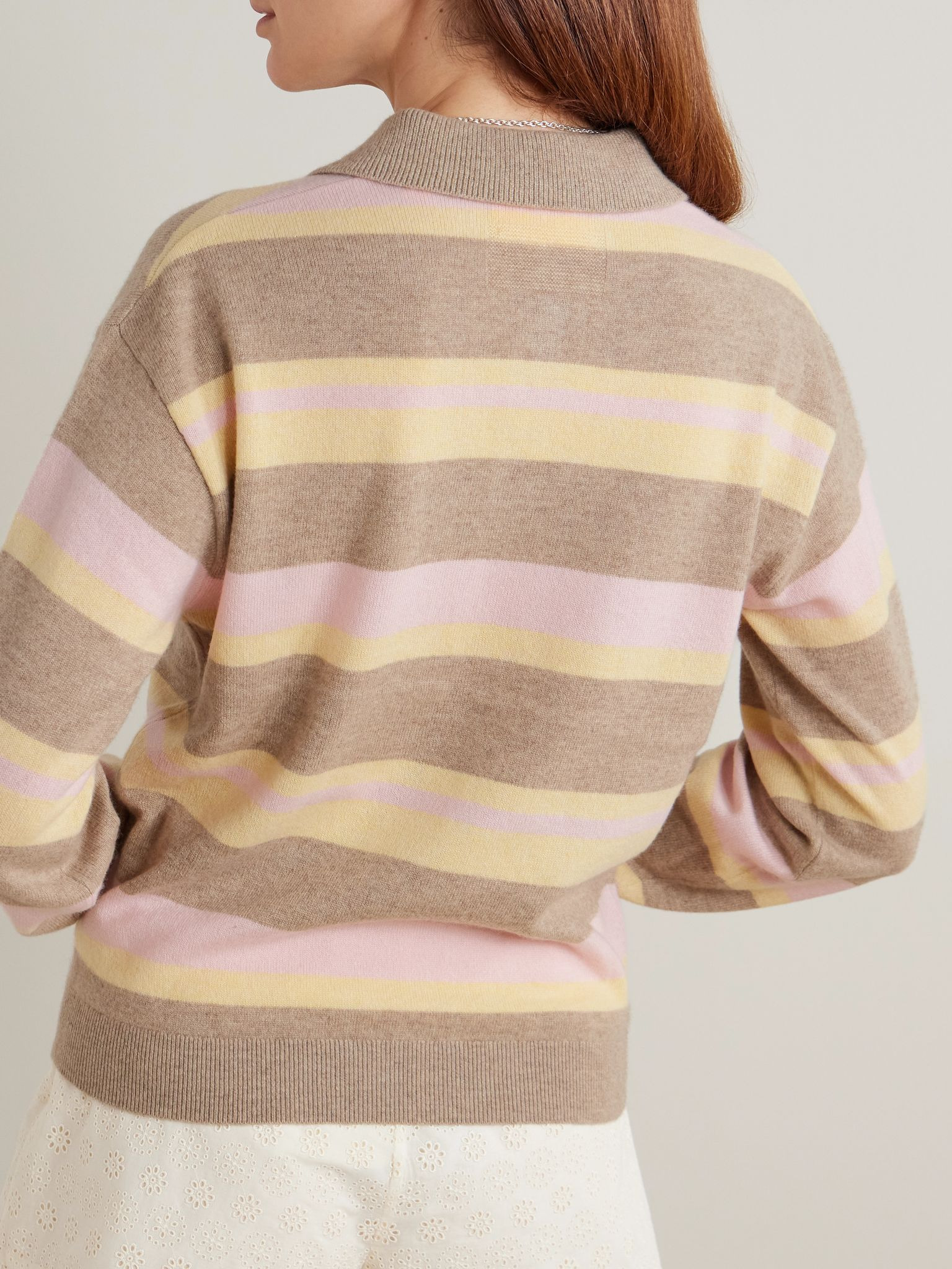 Striped cashmere polo sweater Taupe - 3