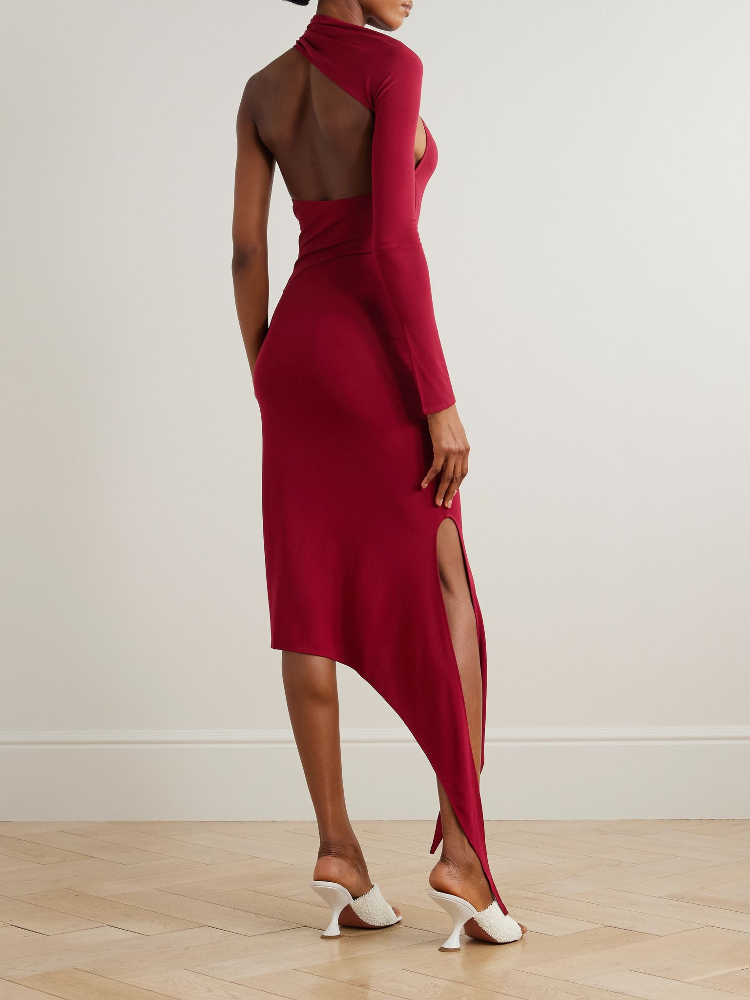 Cutout one-sleeve crepe-jersey midi dress Burgundy - 3
