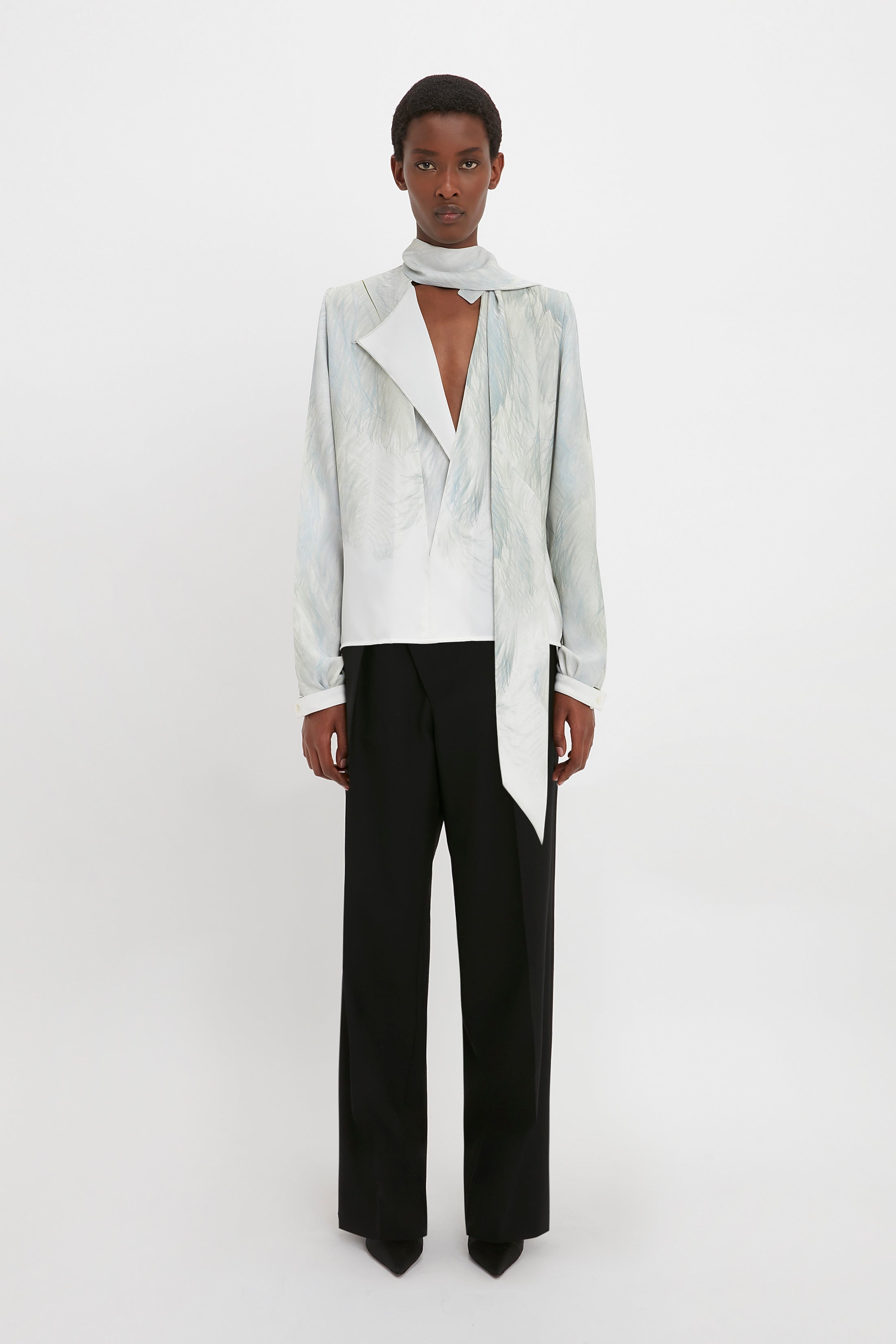 Scarf Neck Blouse In White Digital Feather Print - 2