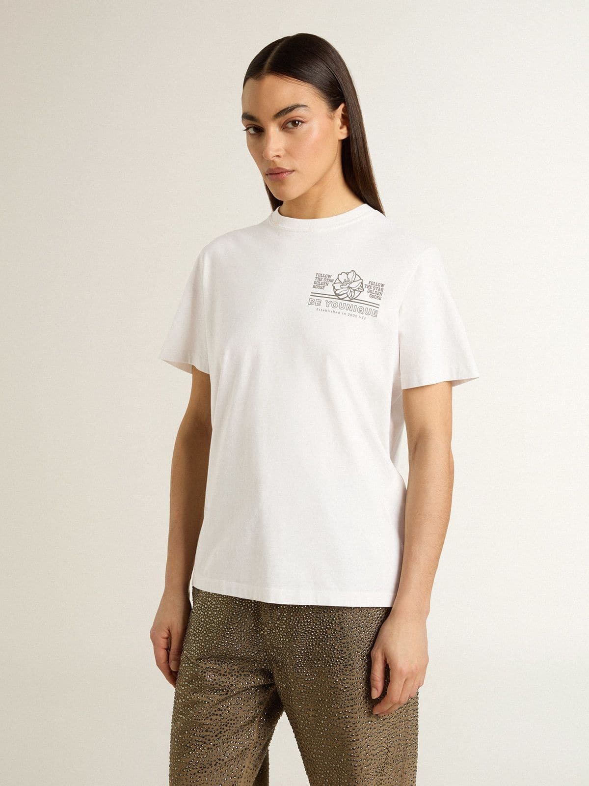 Women's white T-shirt with black print on the chest - 2
