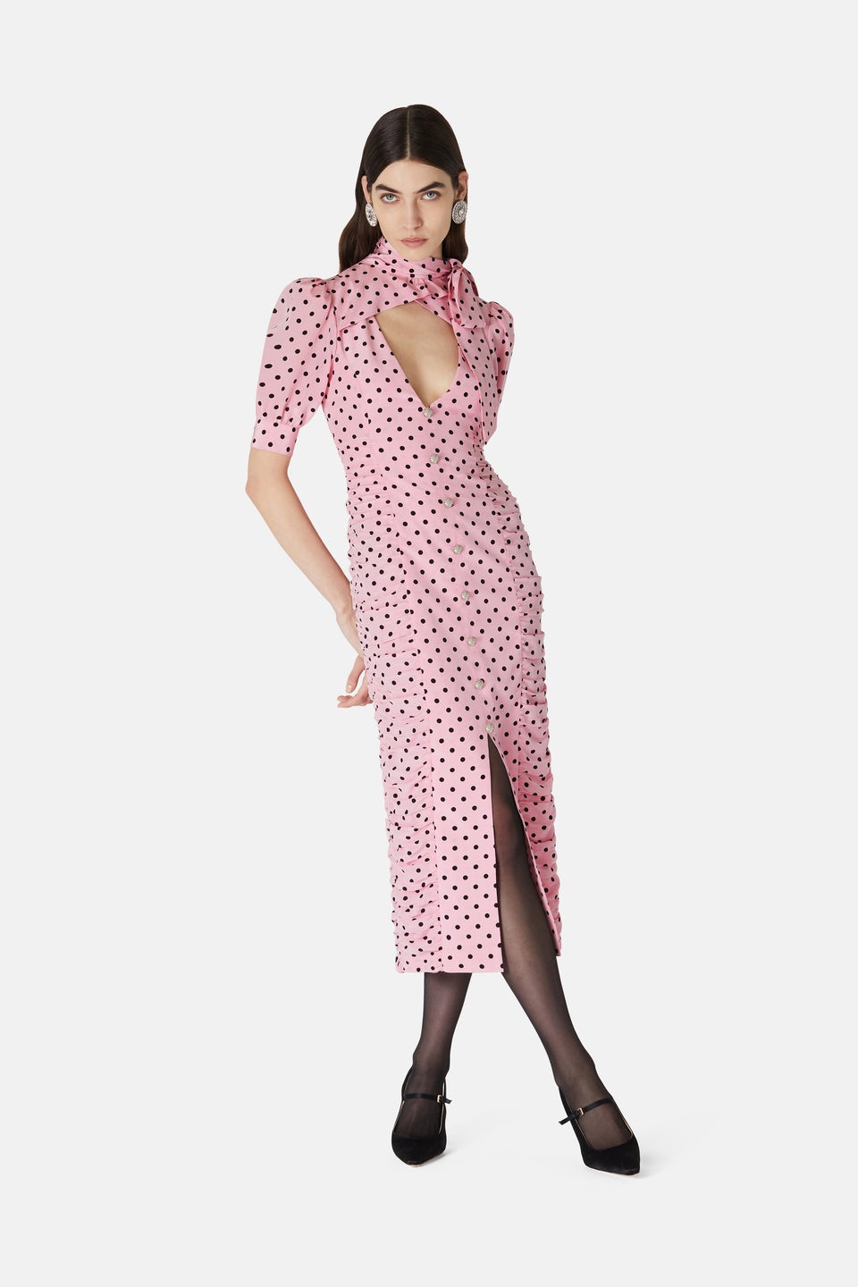 POLKA DOT PRINT SILK DRAPED DRESS WITH BOW - 4