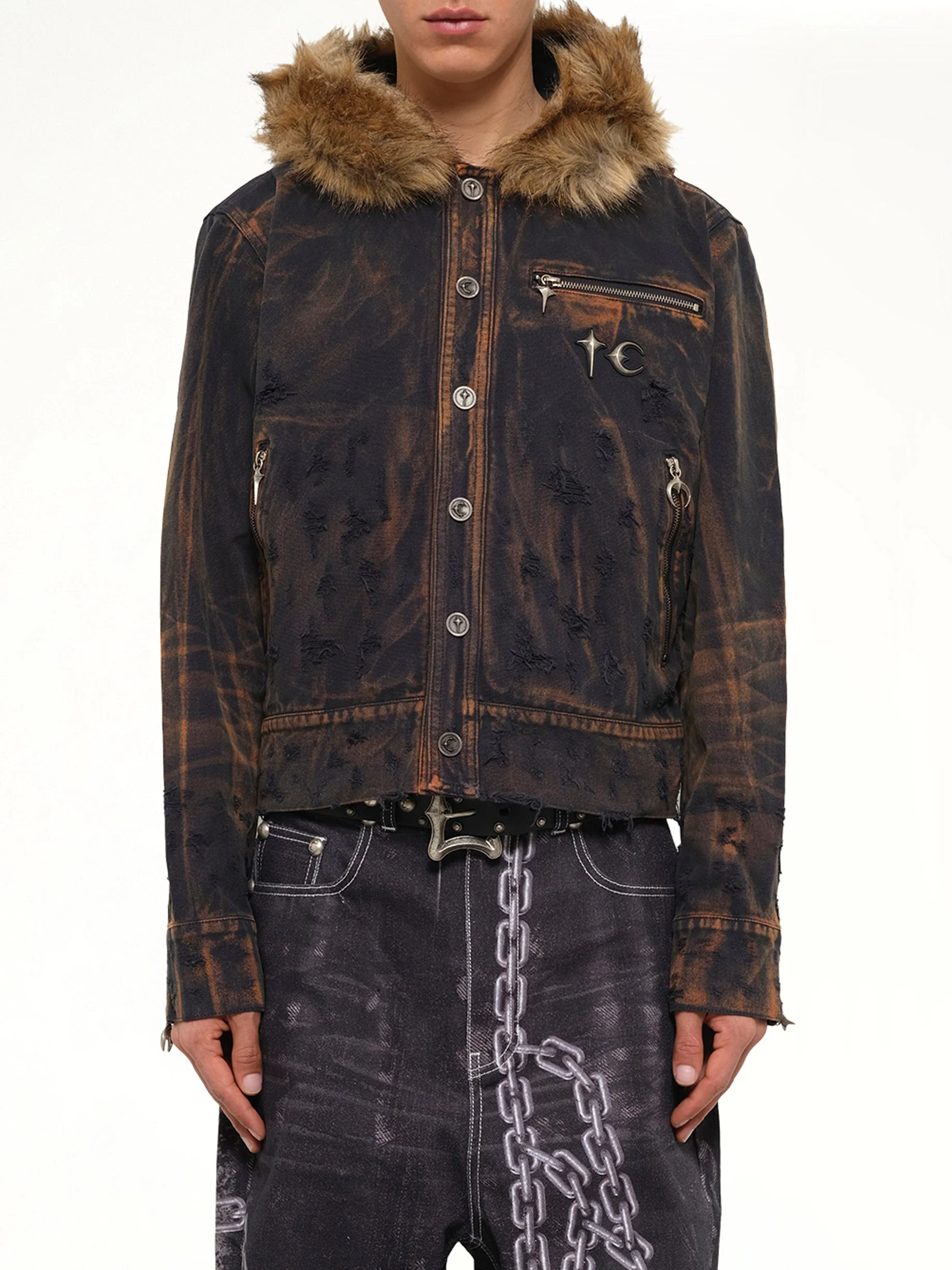 TC Two Tone Washed Fur Hooded Jacket in Rust Black - 1
