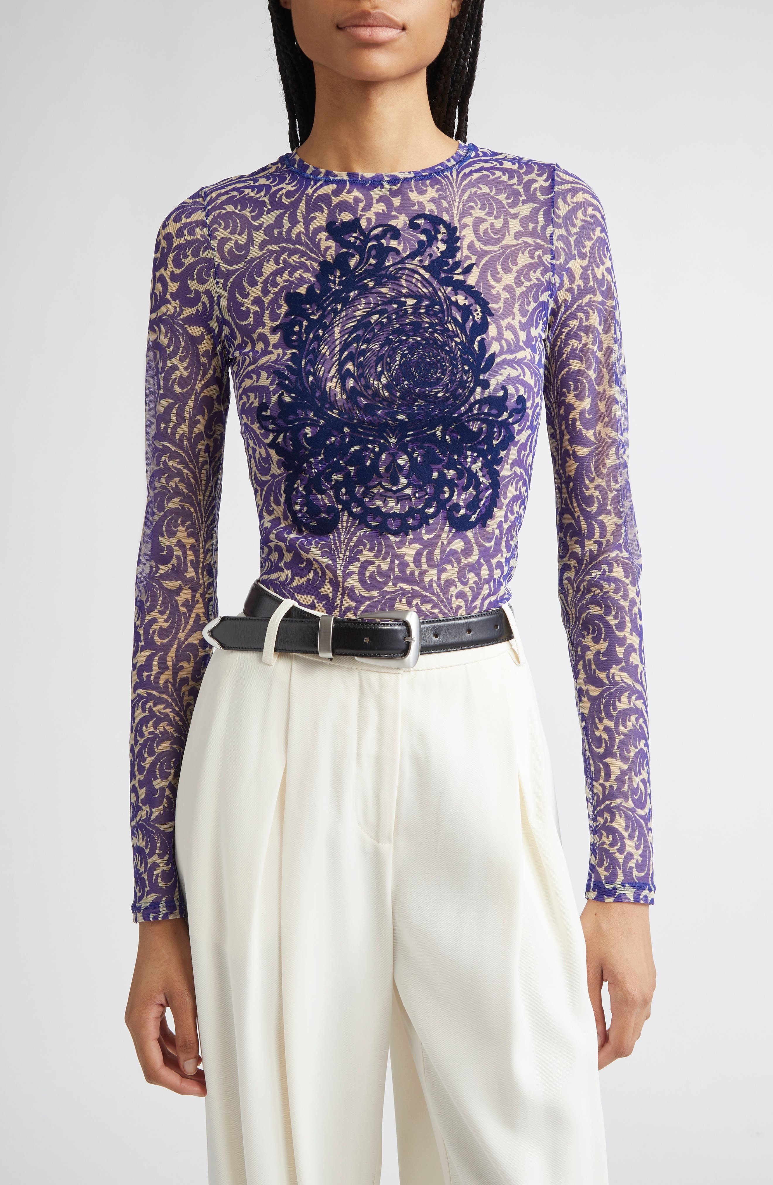 Etro Flocked Shell Paisley Top in Printed Blue Base at Nordstrom - 1
