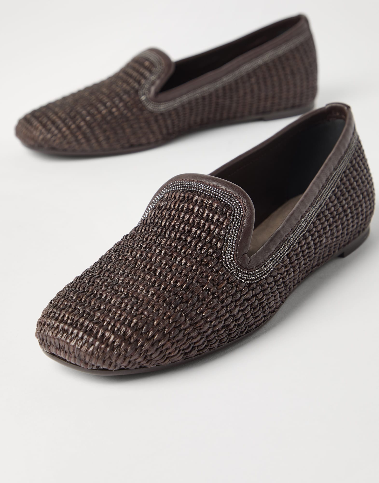 Brunello Cucinelli Techno raffia slippers with precious trim