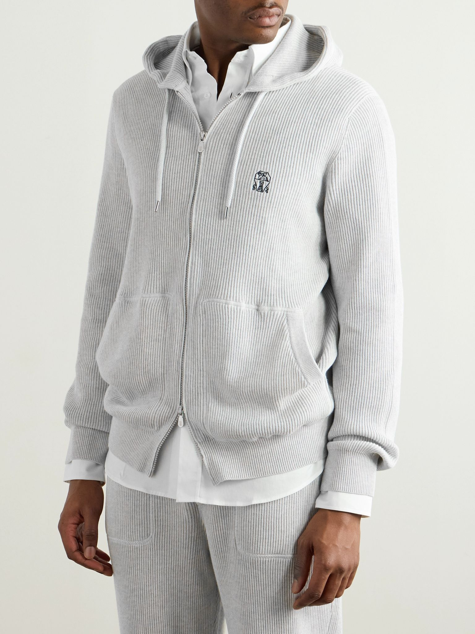 Logo-Embroidered Ribbed Cotton Zip-Up Hoodie Gray - 3