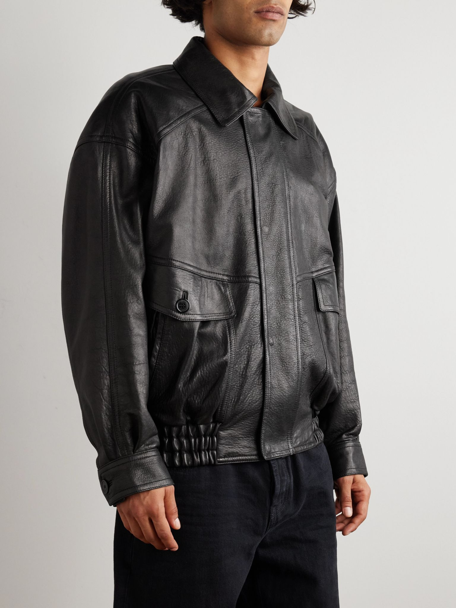 Full-Grain Leather Bomber Jacket Black - 3
