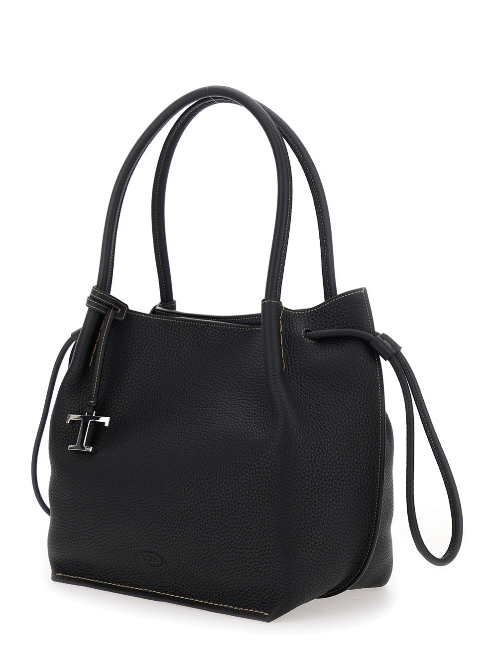 Tod's Women Black Shoulder Bag With Two Top Handles And Drawstring Closure In Grained Leather Woman - 2