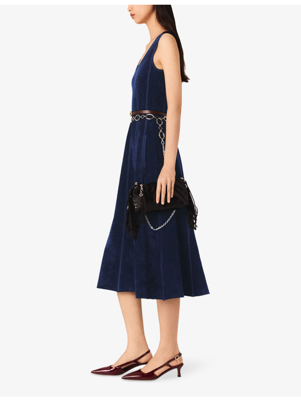 Round-Neck Flared-Skirt Stretch-Velvet Midi Dress - 3