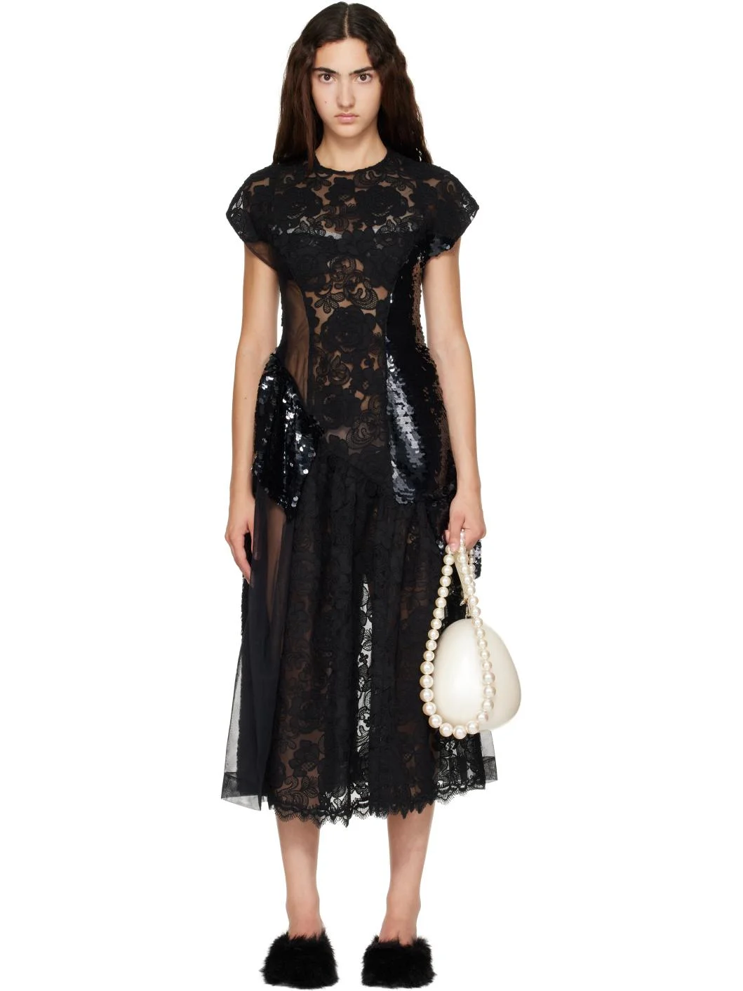 Black Patchwork Cap Sleeve Ruffle Detail Midi Dress - 1