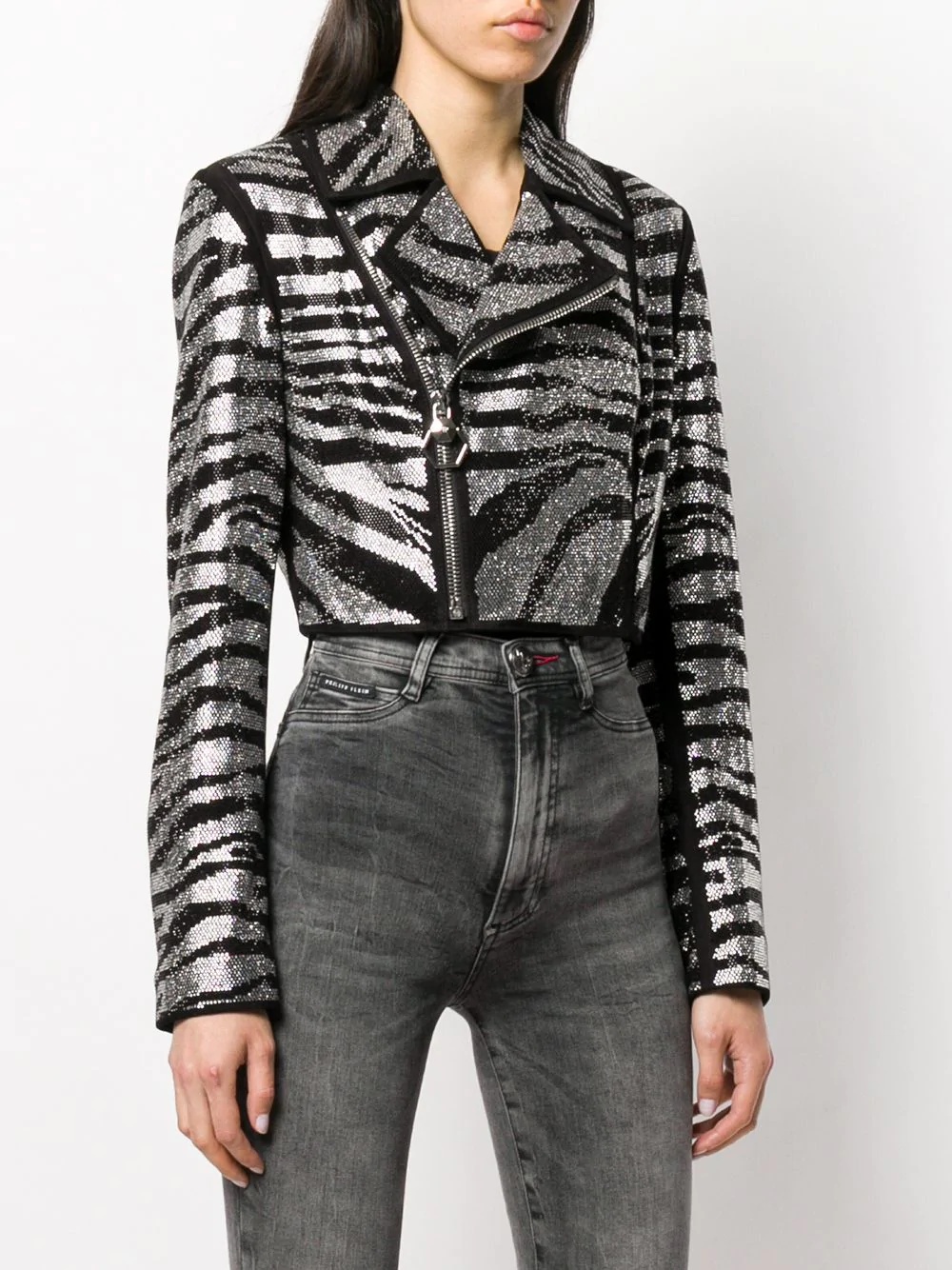 zebra-pattern crystal biker jacket - 3