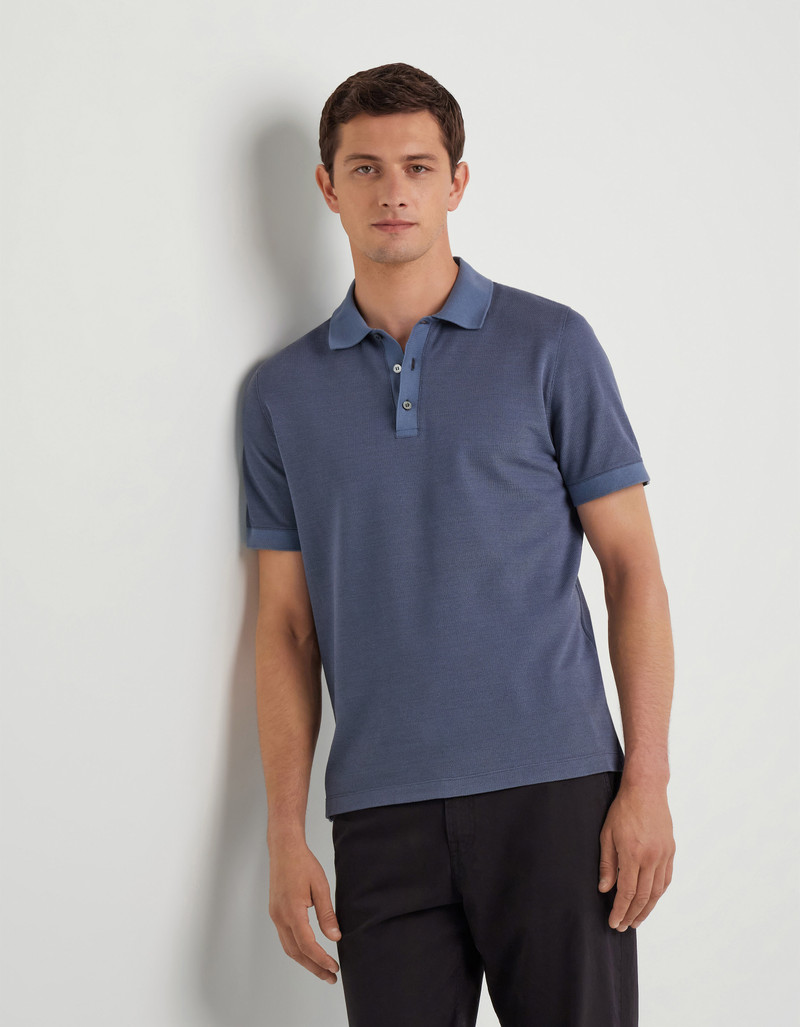 Canali SHORT SLEEVE BUTTONED POLO SHIRT IN SILK BLEND PLAIN PIQUE. AIR FORCE BLUE outlook