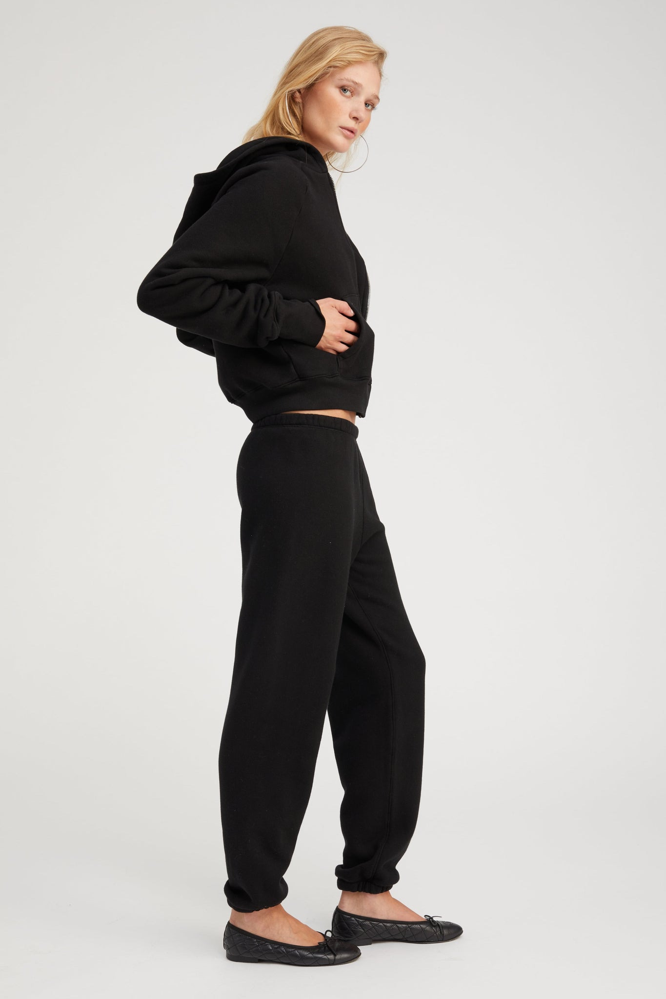 BLACK COTTON SHRUNKEN ZIP UP HOODIE - 5
