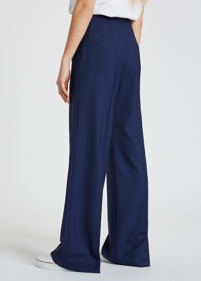 Women's Navy Wool-Hopsack Wide Leg Trousers 3
