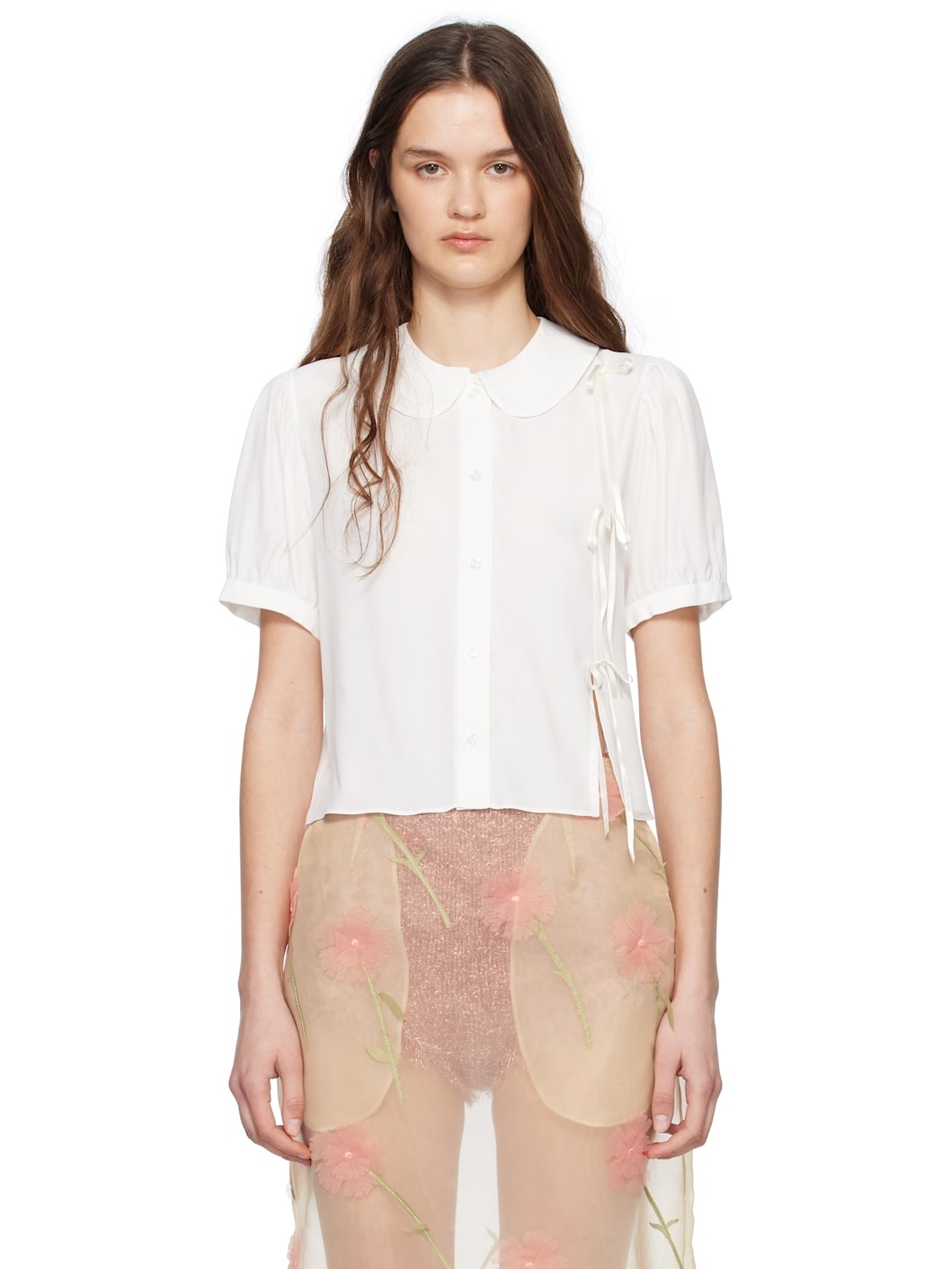White Cropped Bow Slit Puff Sleeve Shirt - 1