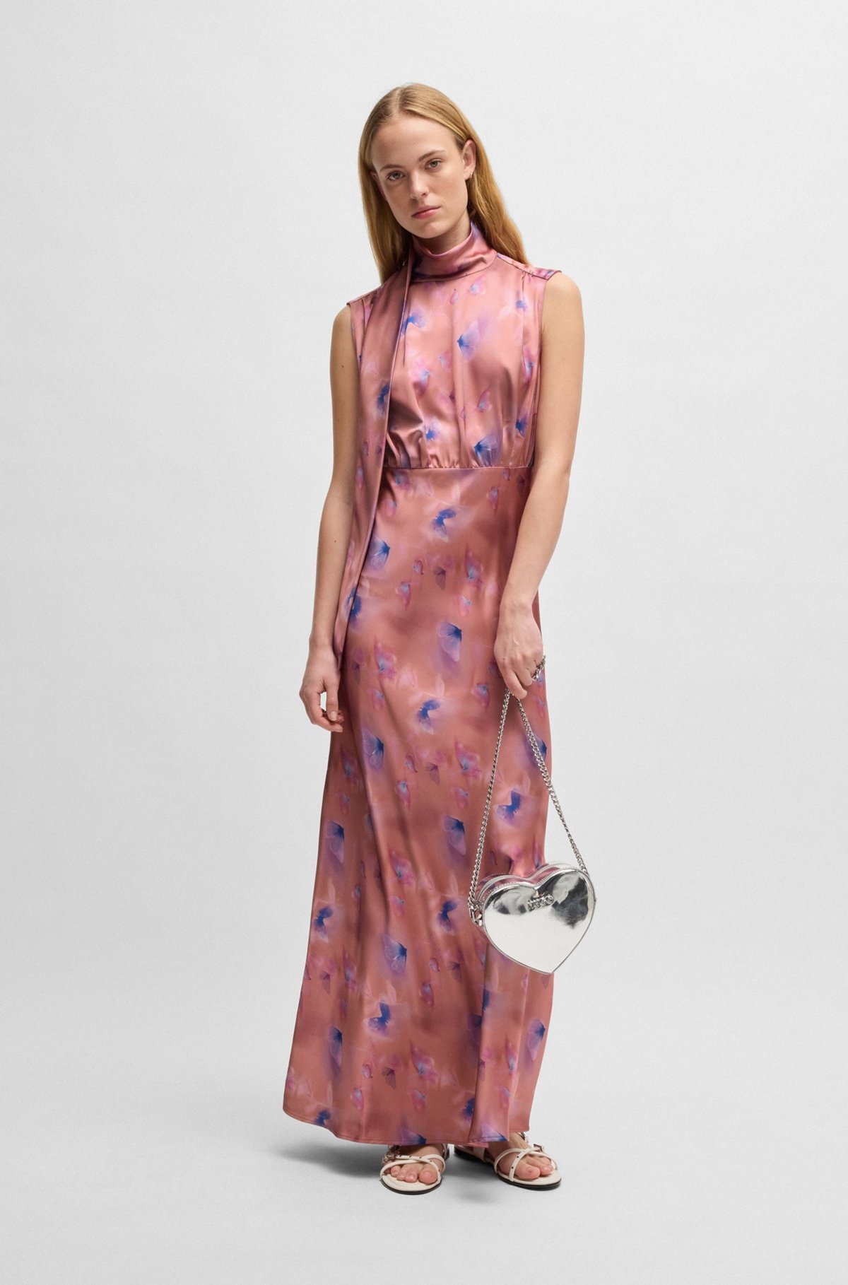 HIGH-NECK BUTTERFLY-PRINT MAXI DRESS IN SOFT SATIN - 2