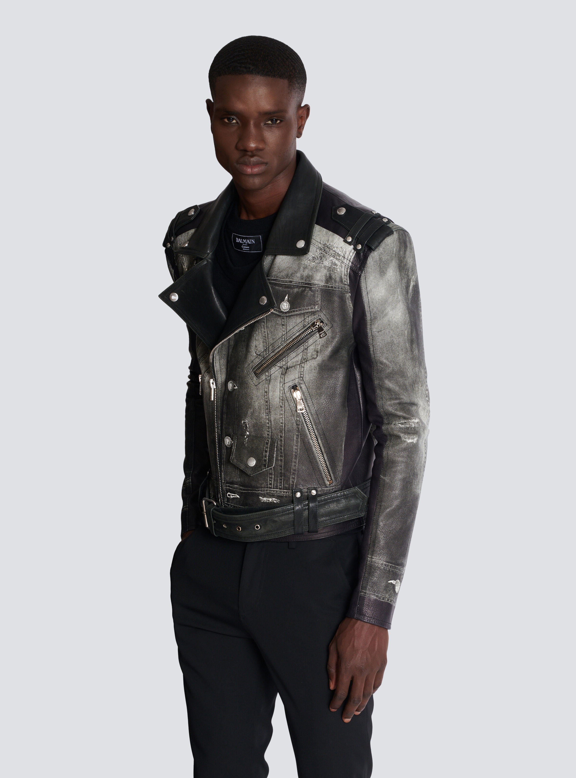 Leather biker jacket with denim print - 6