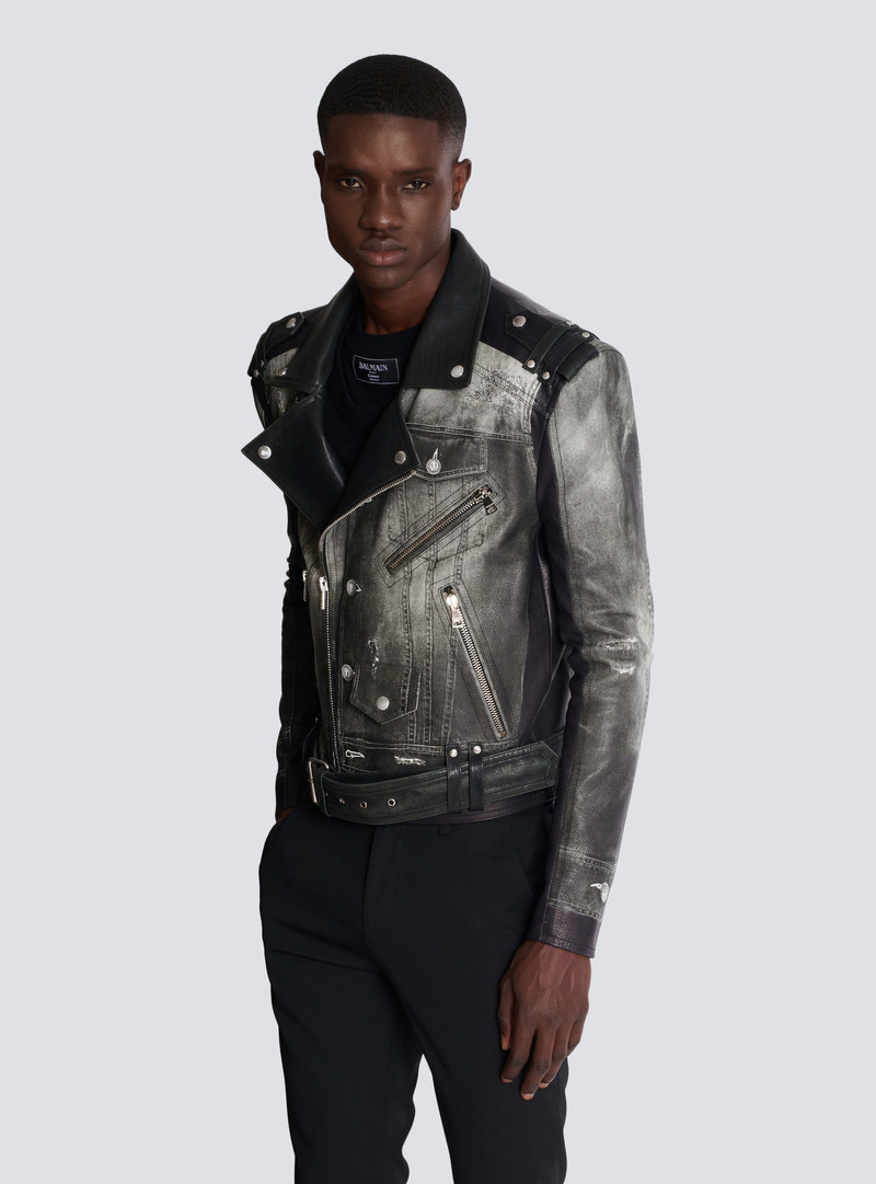 Leather biker jacket with denim print 6