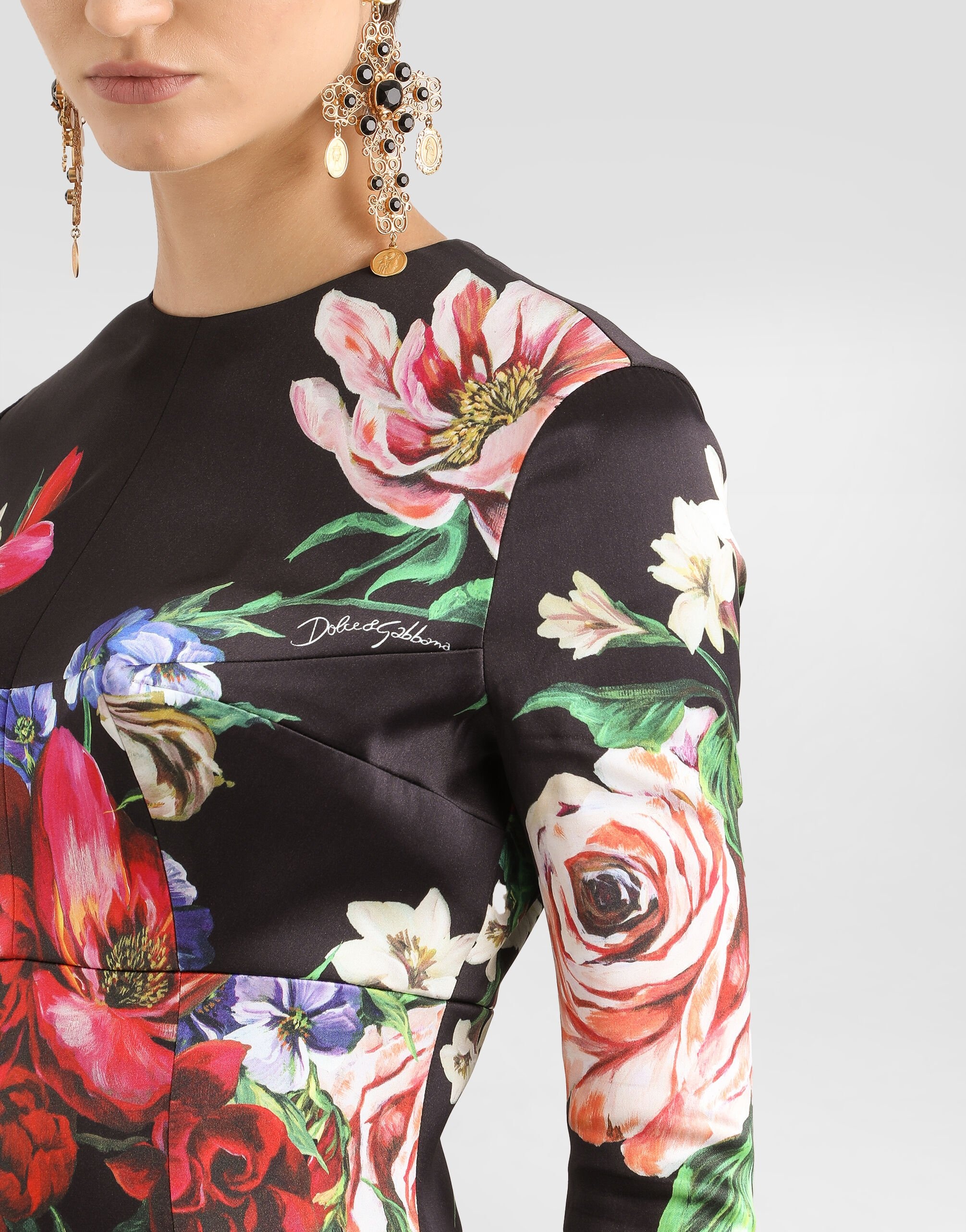 Satin calf-length round-neck dress with floral print - 4