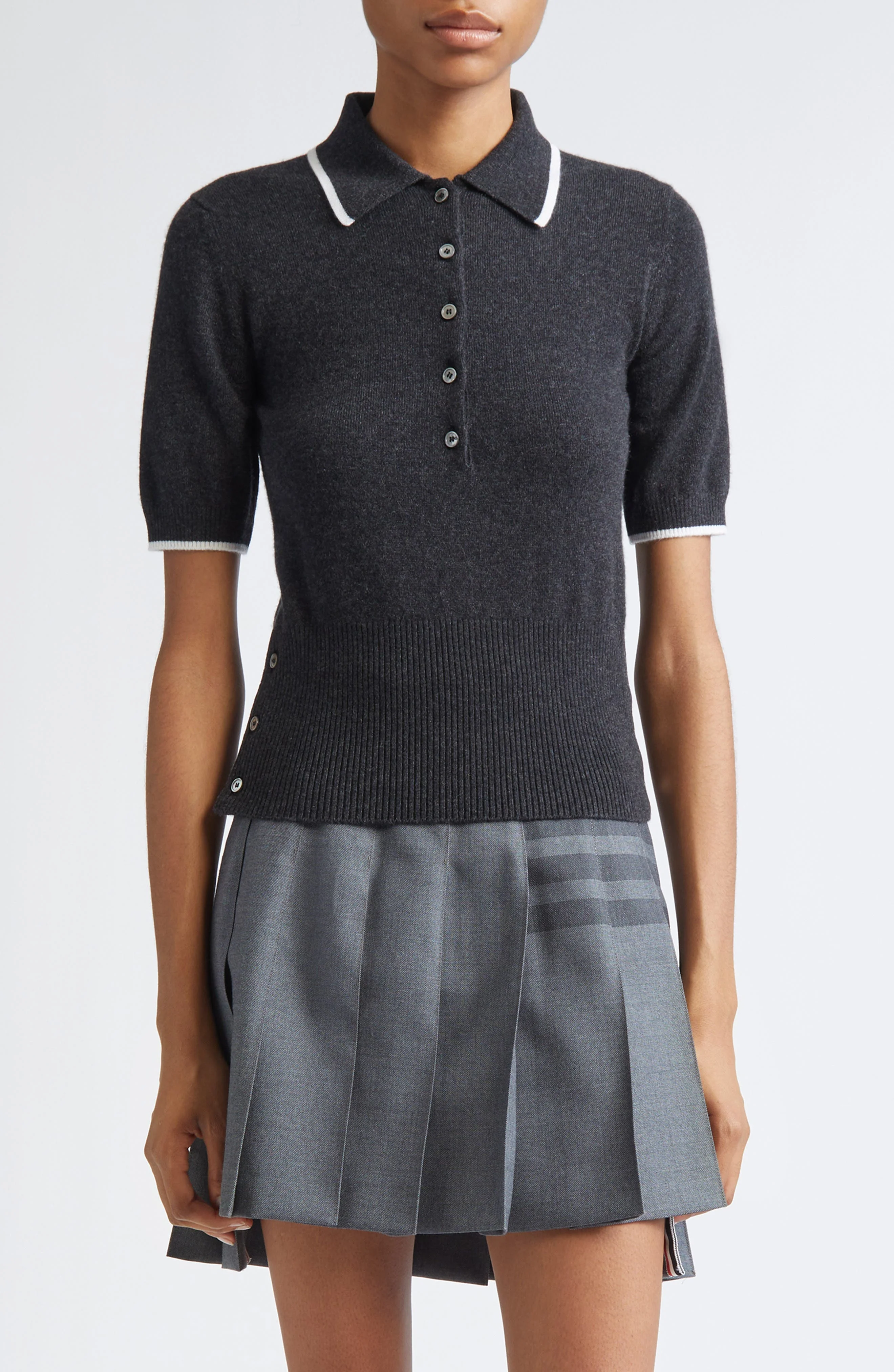 Thom Browne Tipped Intarsia Browne 65 Cashmere Polo Sweater in Dark Grey at Nordstrom - 1