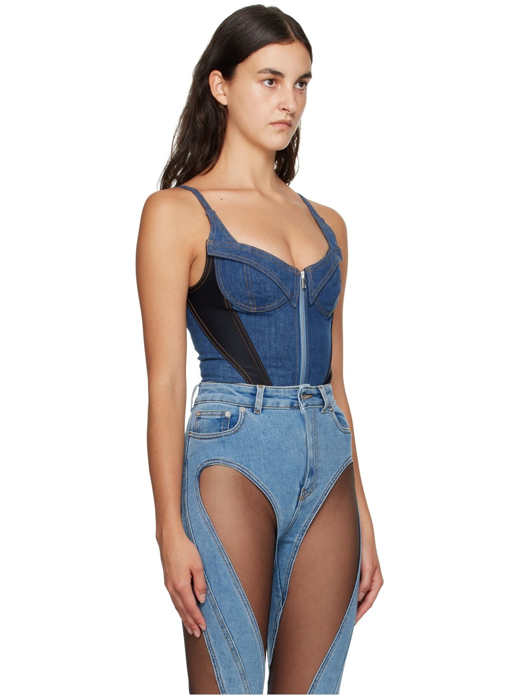 Blue & Black Paneled Denim Bodysuit - 2