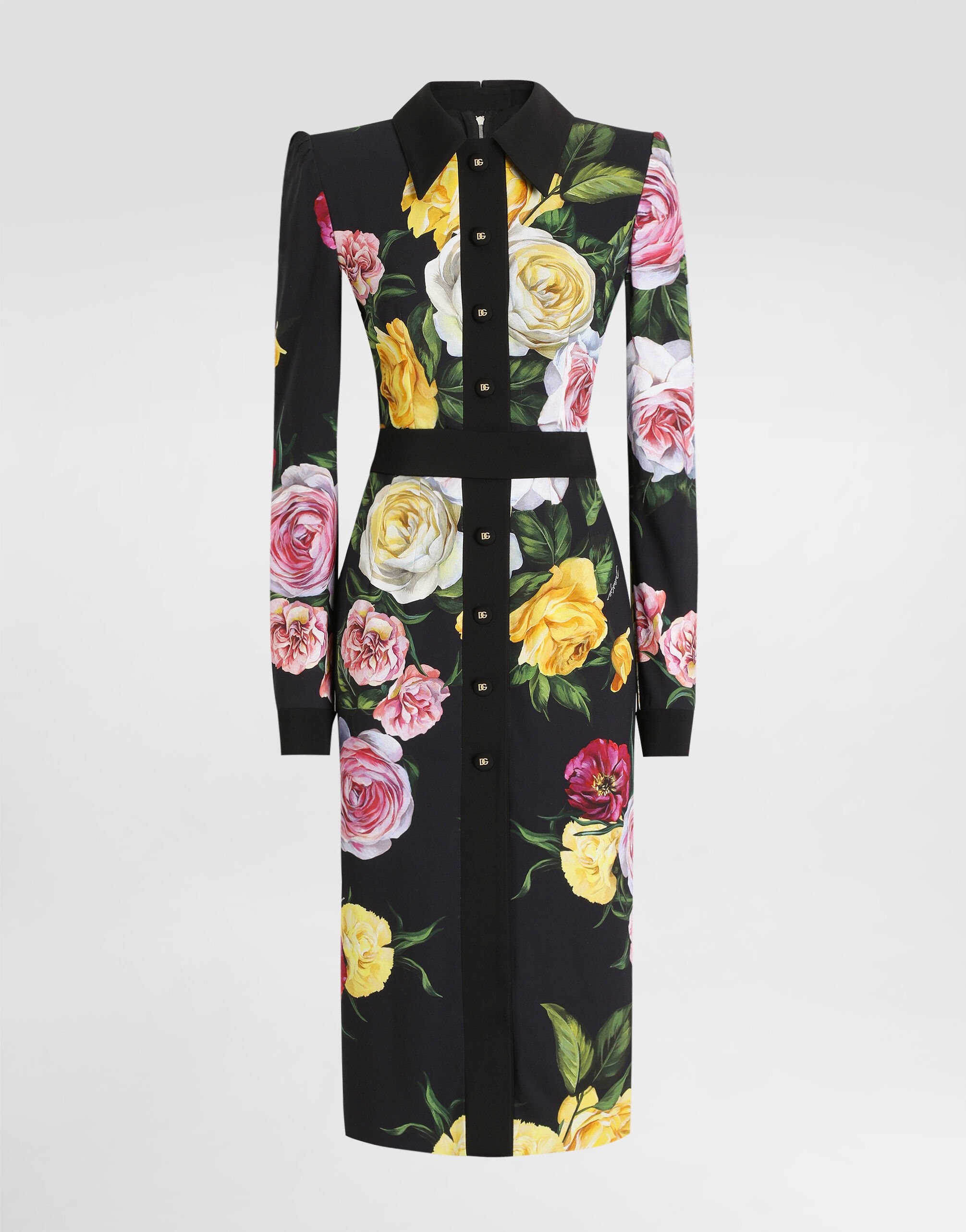 Calf-length cady shirt dress with peony and rose print - 1