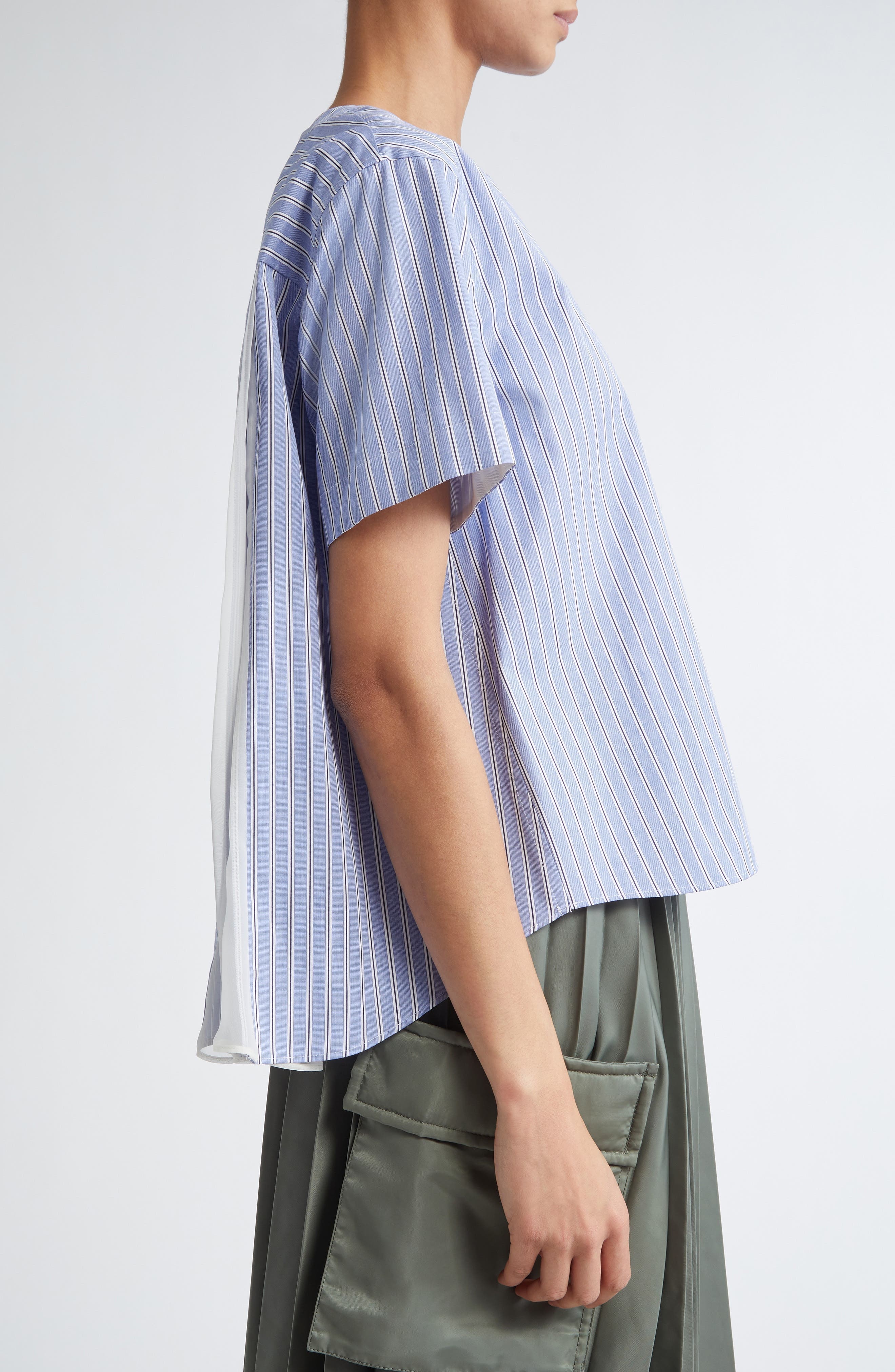 Sacai Mixed Media Poplin & Chiffon Top in Blue Stripe 458 at Nordstrom - 4