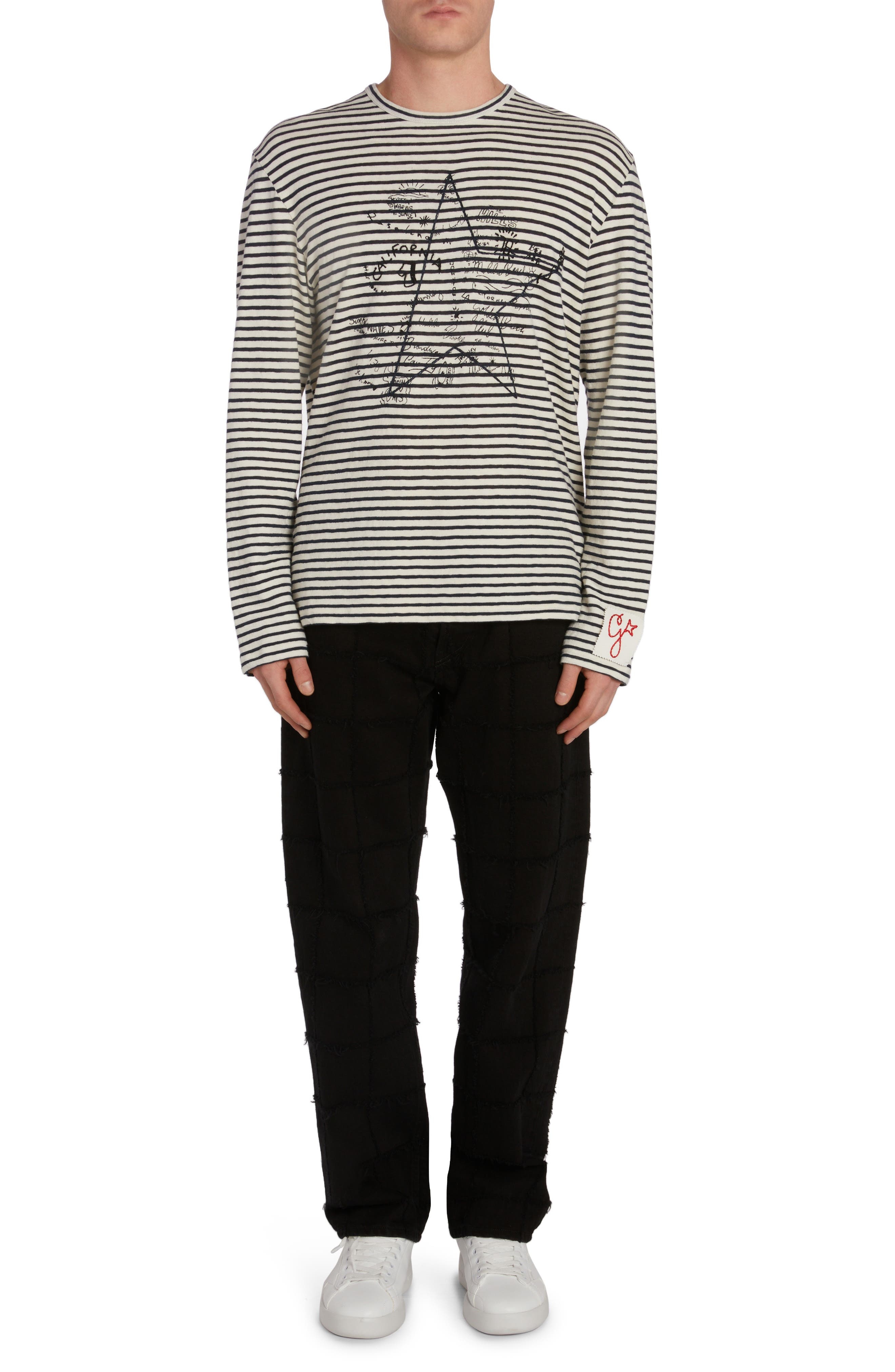 Golden Goose Embroidered Graffiti Stripe Cotton & Linen Long Sleeve T-Shirt in Ecru/Mazarine Blue at - 6