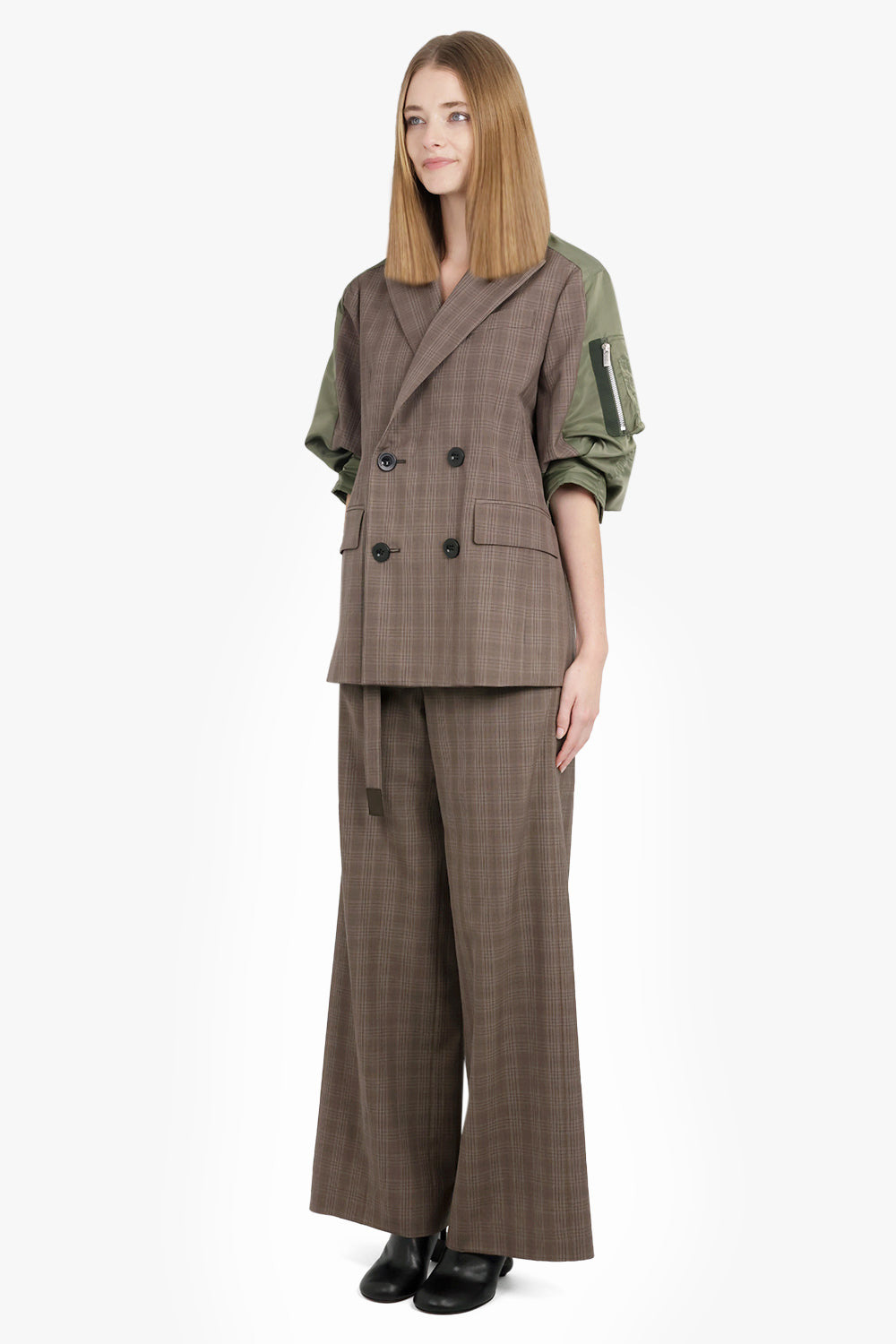 CONTRAST BALLOON S/S DOUBLE BREASTED CHECK JACKET | BROWN/GREEN - 4