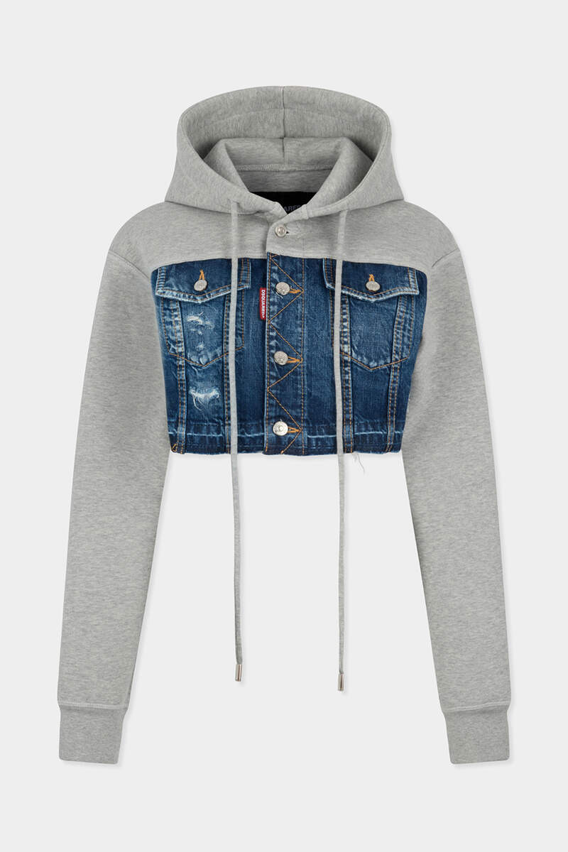 MEDIUM RIPPED WASH DENIM MIX CROPPED HYBRID HOODIE 1