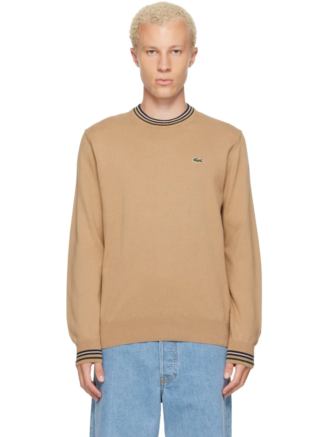 Beige Striped Cotton Jersey Sweater - 1