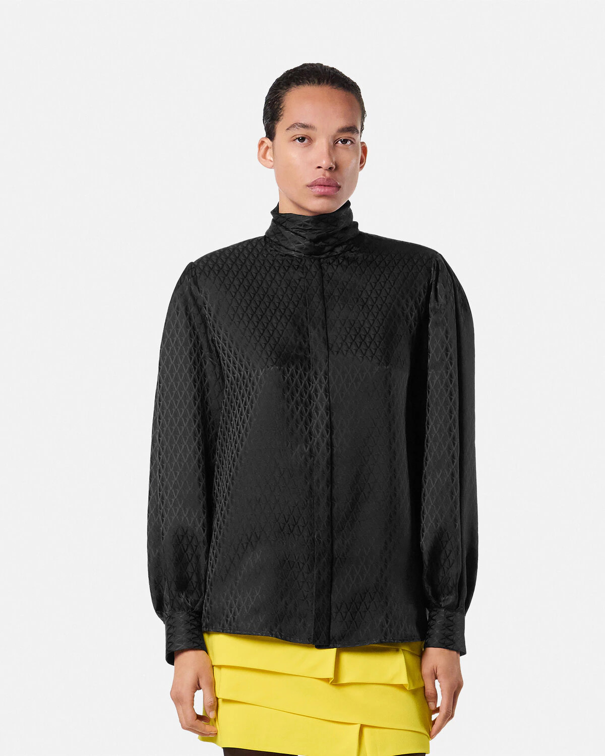 V Allover Jacquard Silk Lavallière Shirt - 4
