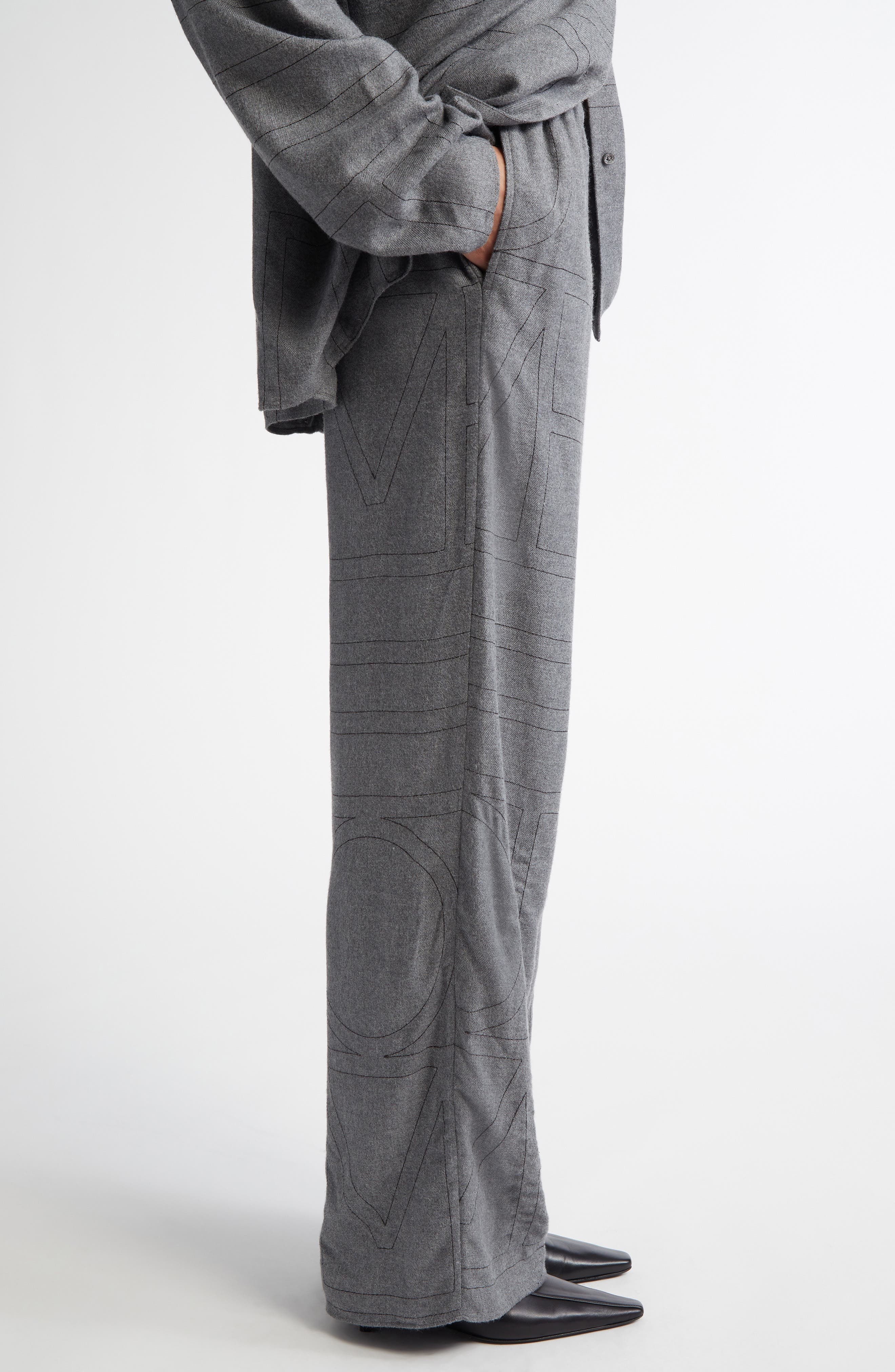 TOTEME Monogram Embroidered Flannel Wide Leg Pants in Smoke Melange at Nordstrom - 4