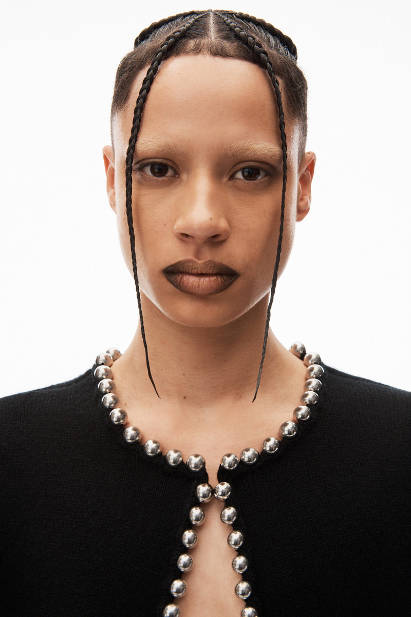 crewneck cardigan with ball chain trim 4