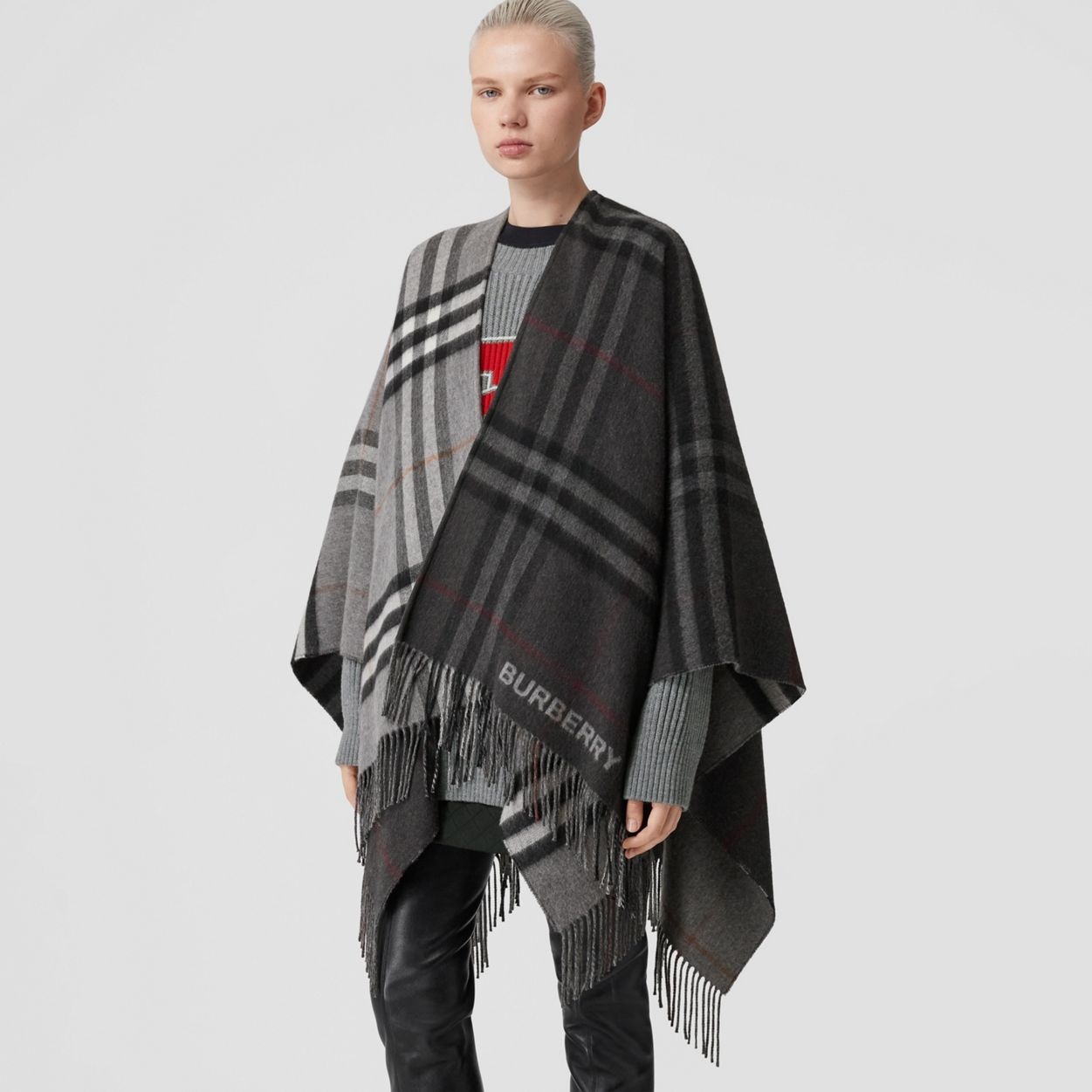 Contrast Check Wool Cashmere Jacquard Cape - 6